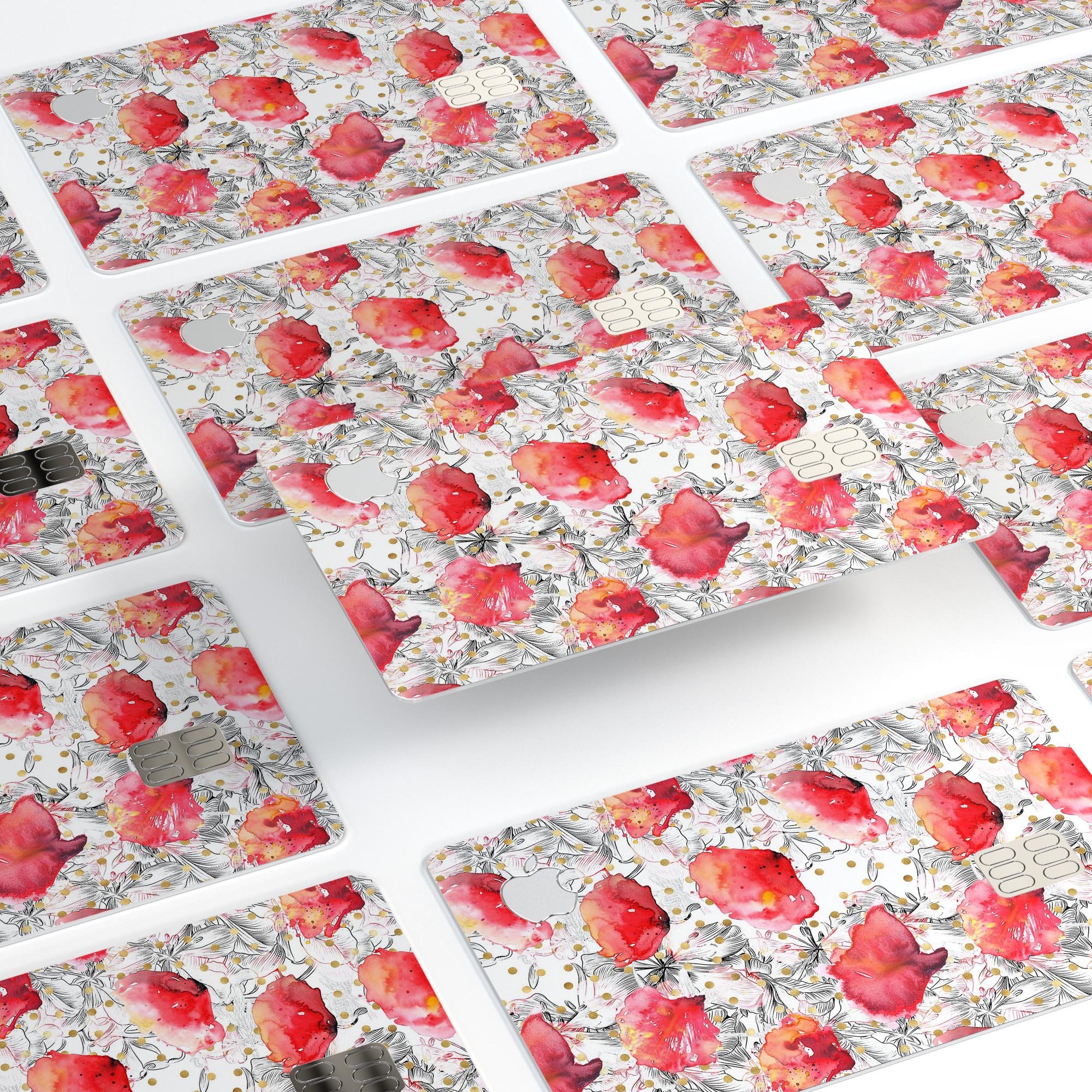 Karamfila Watercolo Poppies V26 skin kit for Apple Card, showcasing vibrant poppy design and premium vinyl material.