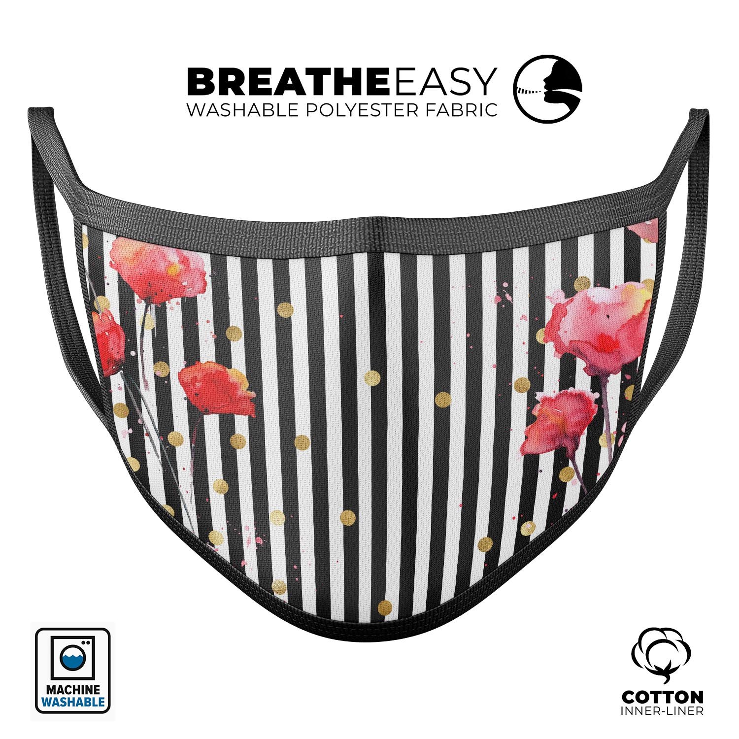 Karamfila Watercolo Poppies V28 unisex mouth cover featuring vibrant poppy design, adjustable ear loops, and made from soft cotton.