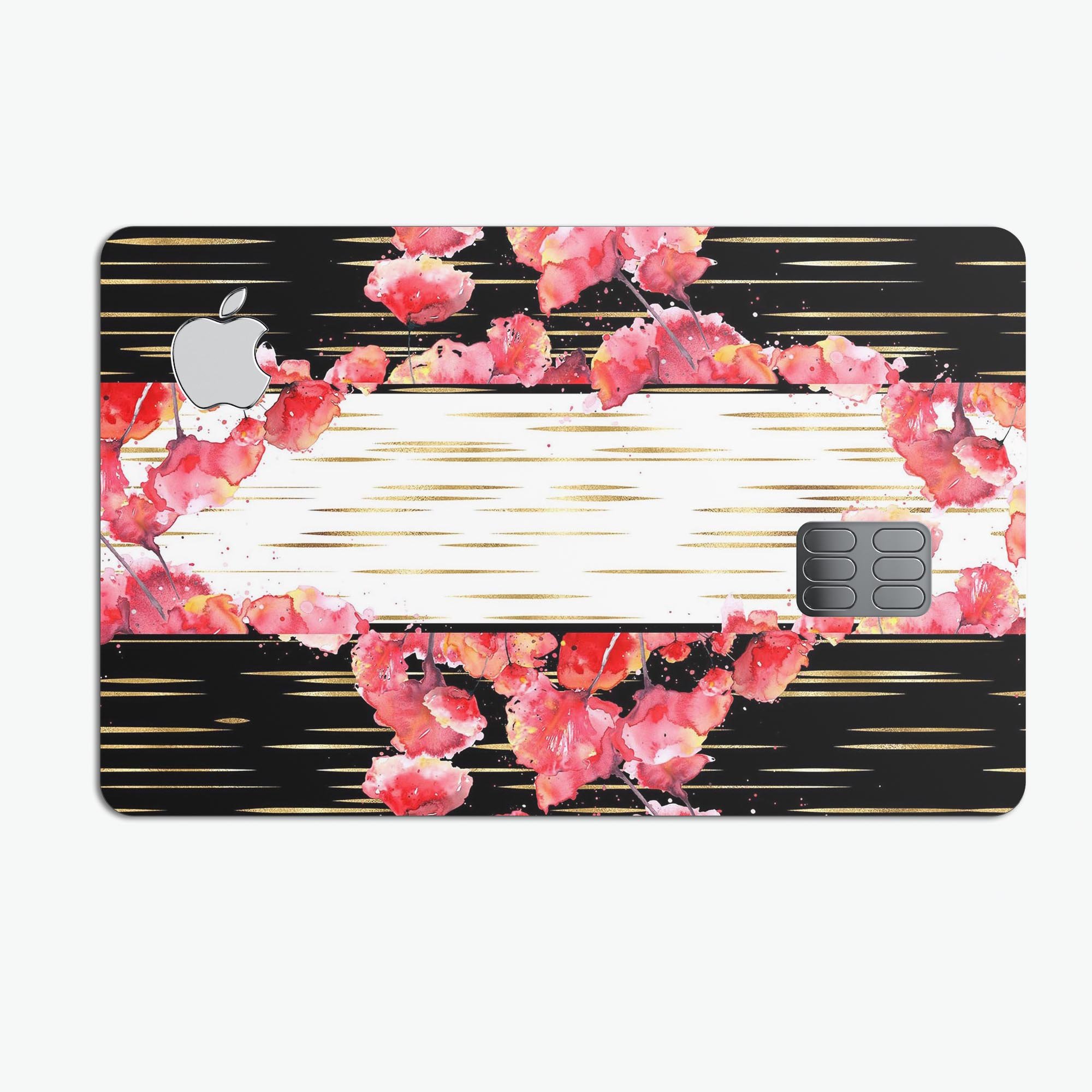 Karamfila Watercolo Poppies V5 decal skin applied on an Apple Card, showcasing vibrant colors and a protective finish.