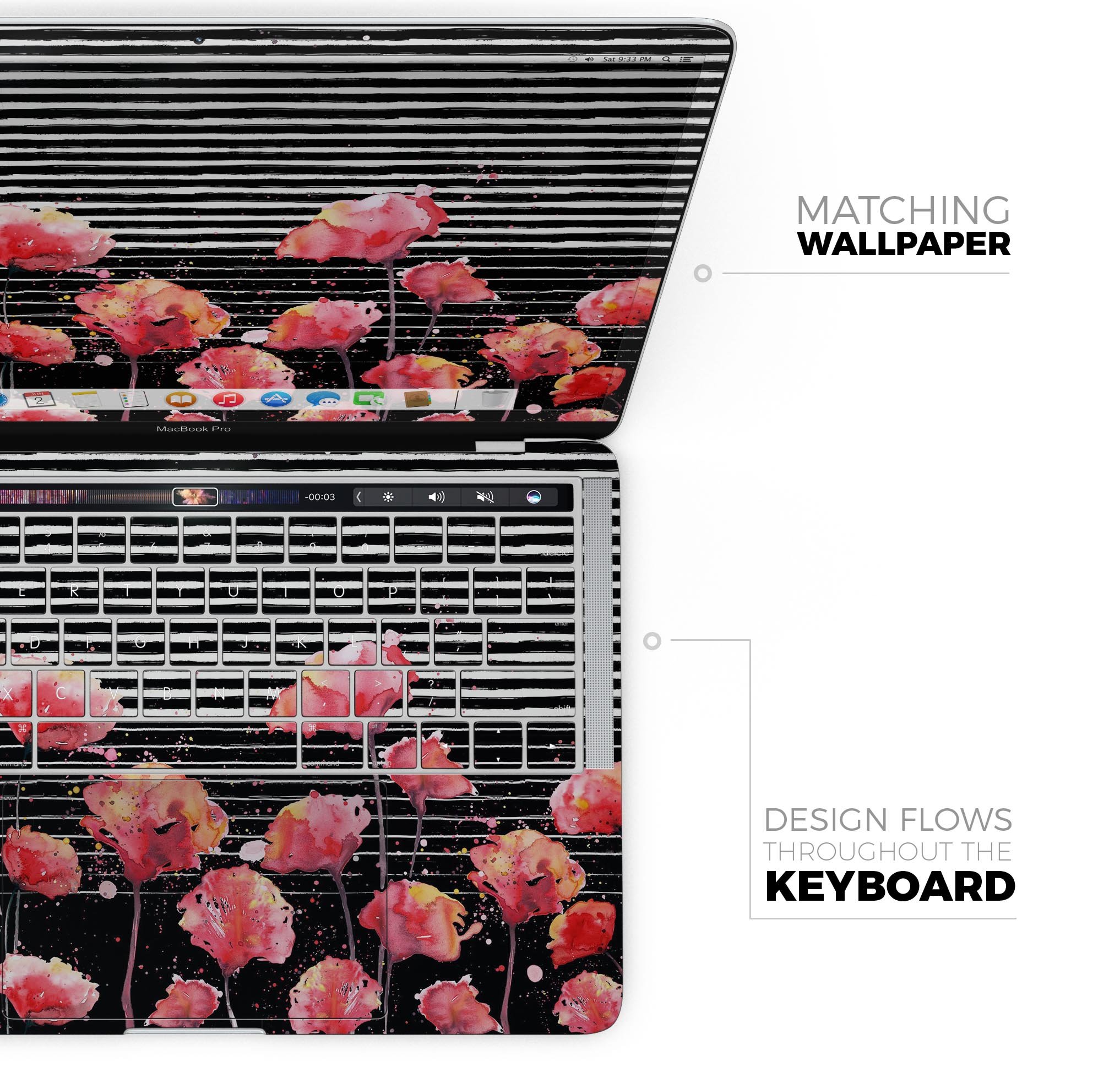 Karamfila Watercolo Poppies V7 skin decal wrap kit for MacBook, showcasing vibrant poppy design and premium vinyl material.