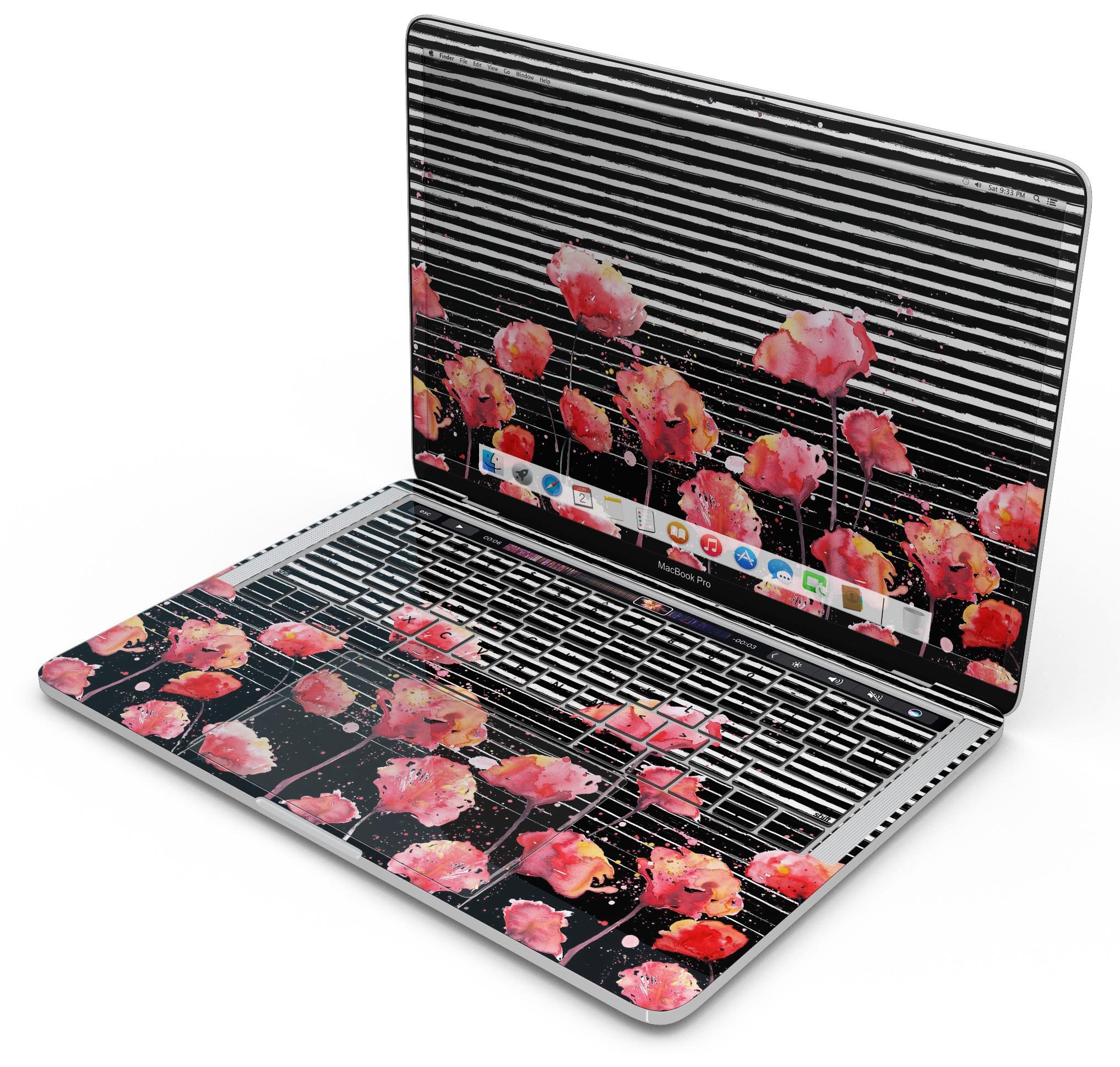 Karamfila Watercolo Poppies V7 skin decal wrap kit for MacBook, showcasing vibrant poppy design and premium vinyl material.