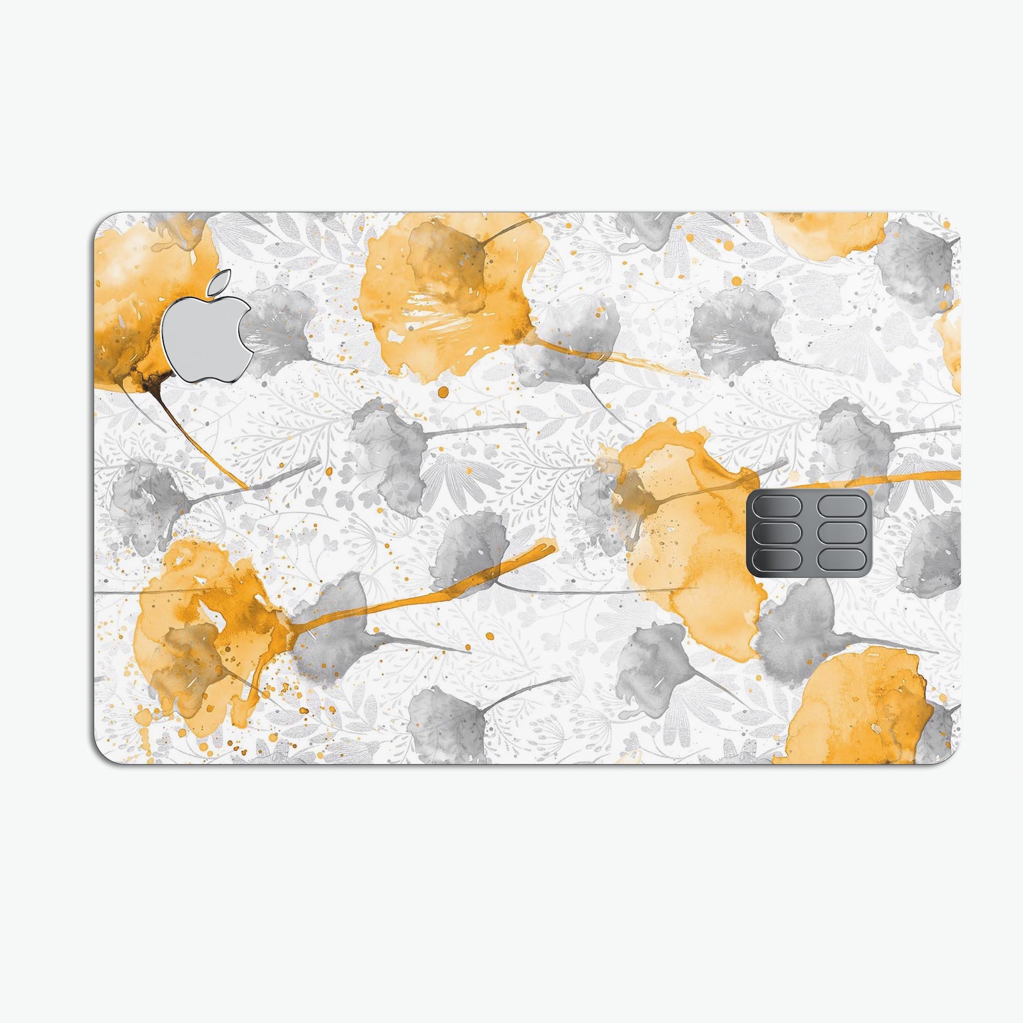 Karamfila Yellow & Gray Floral V11 decal skin for Apple Card, showcasing vibrant floral design and premium vinyl material.