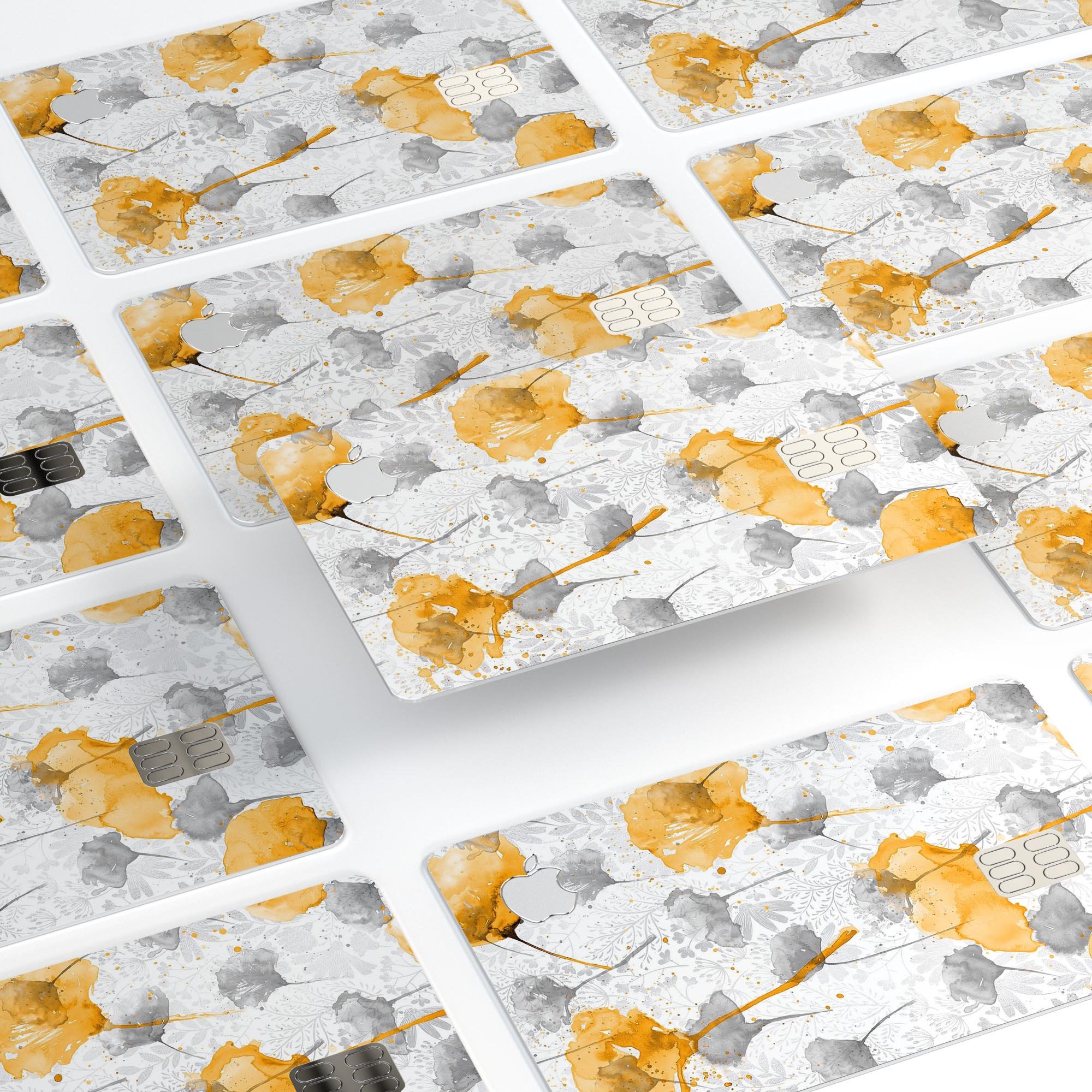 Karamfila Yellow & Gray Floral V11 decal skin for Apple Card, showcasing vibrant floral design and premium vinyl material.