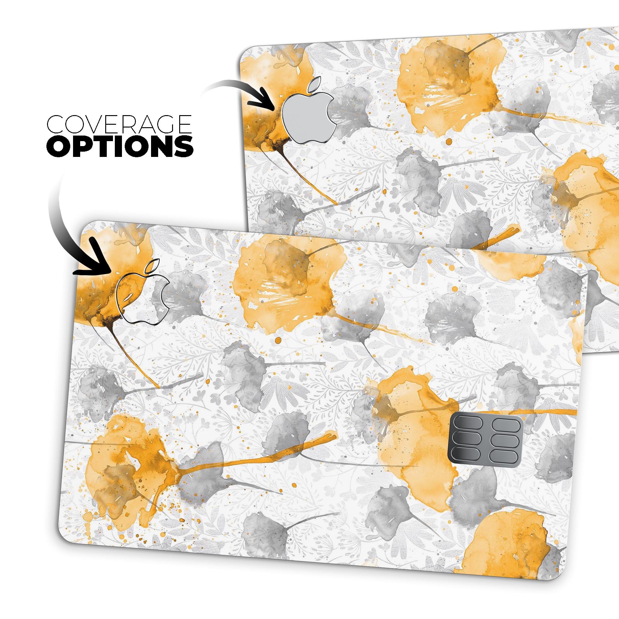 Karamfila Yellow & Gray Floral V11 decal skin for Apple Card, showcasing vibrant floral design and premium vinyl material.