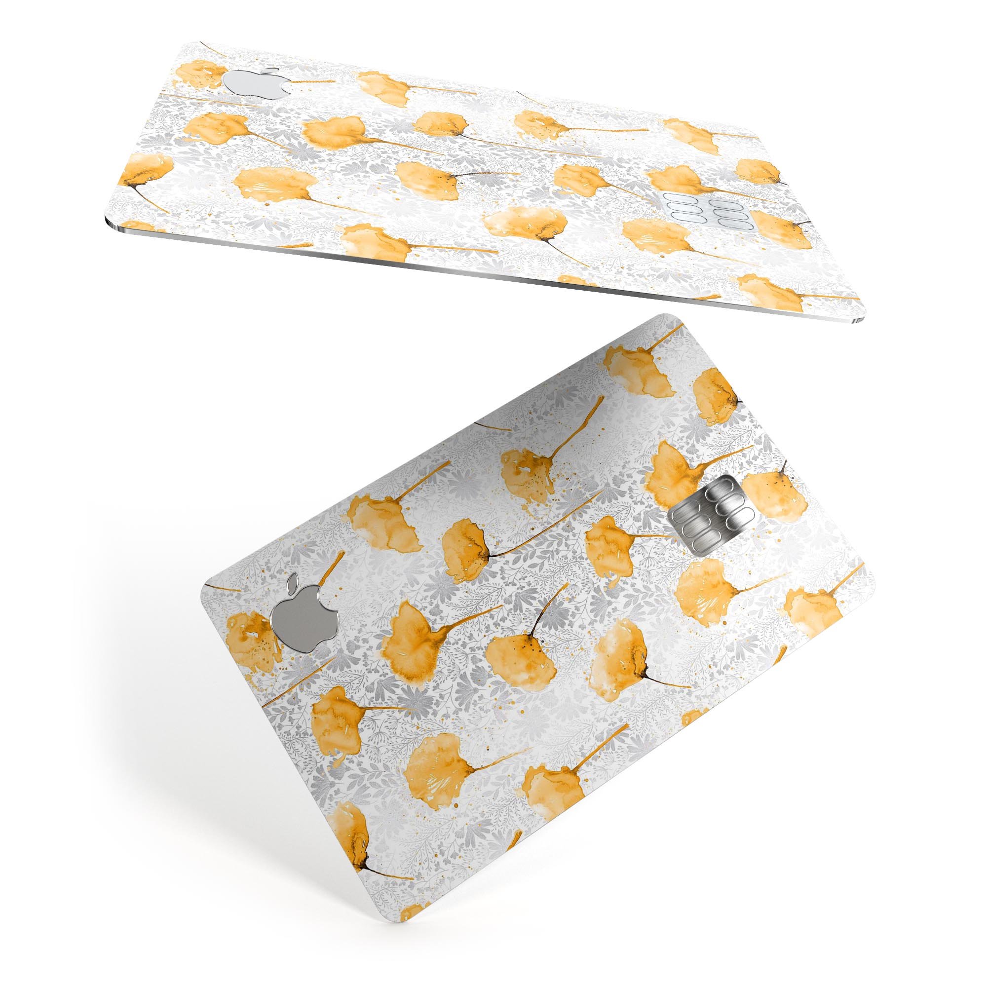 Karamfila Yellow & Gray Floral V10 decal skin applied to an Apple Card, showcasing its vibrant floral design and premium finish.