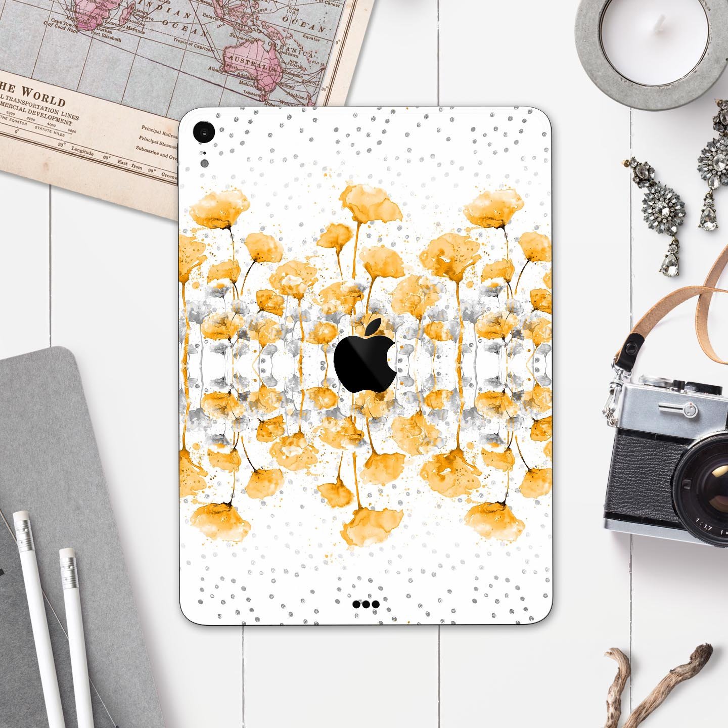 Karamfila Yellow & Gray Floral V2 skin decal for Apple devices, showcasing a vibrant floral design with premium 3M materials.