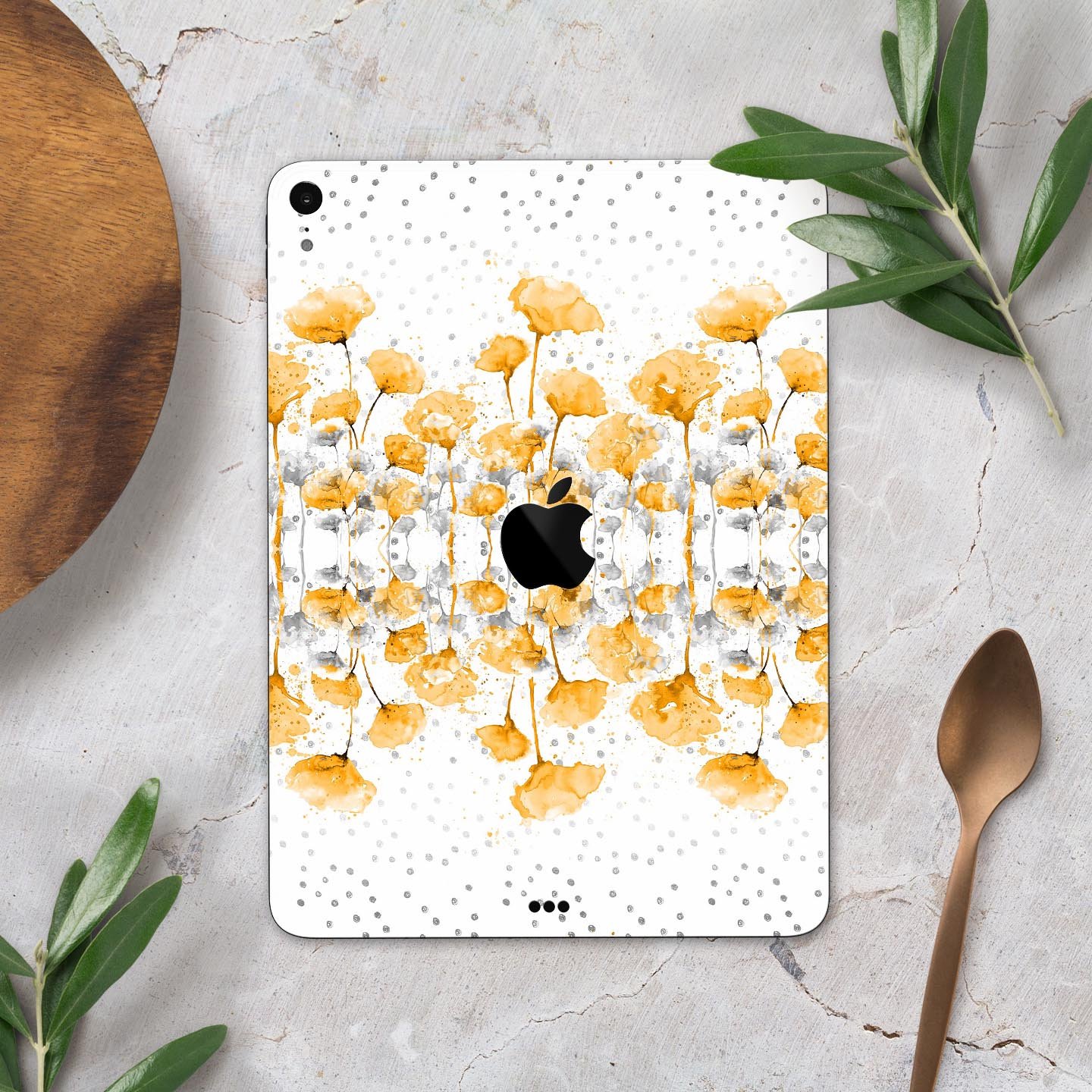 Karamfila Yellow & Gray Floral V2 skin decal for Apple devices, showcasing a vibrant floral design with premium 3M materials.