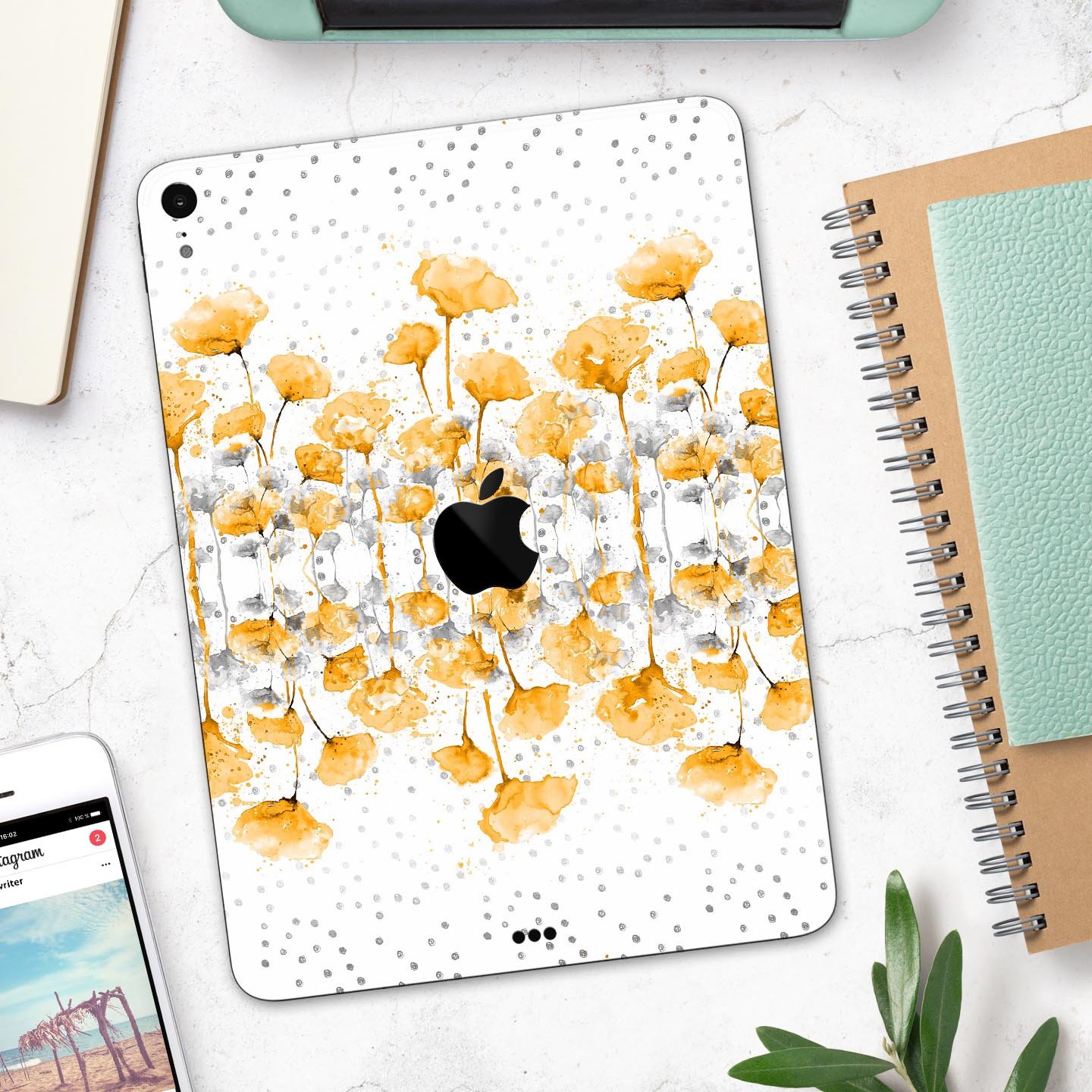 Karamfila Yellow & Gray Floral V2 skin decal for Apple devices, showcasing a vibrant floral design with premium 3M materials.