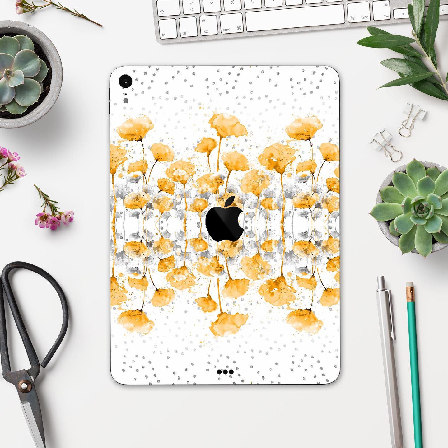 Karamfila Yellow & Gray Floral V2 skin decal for Apple devices, showcasing a vibrant floral design with premium 3M materials.