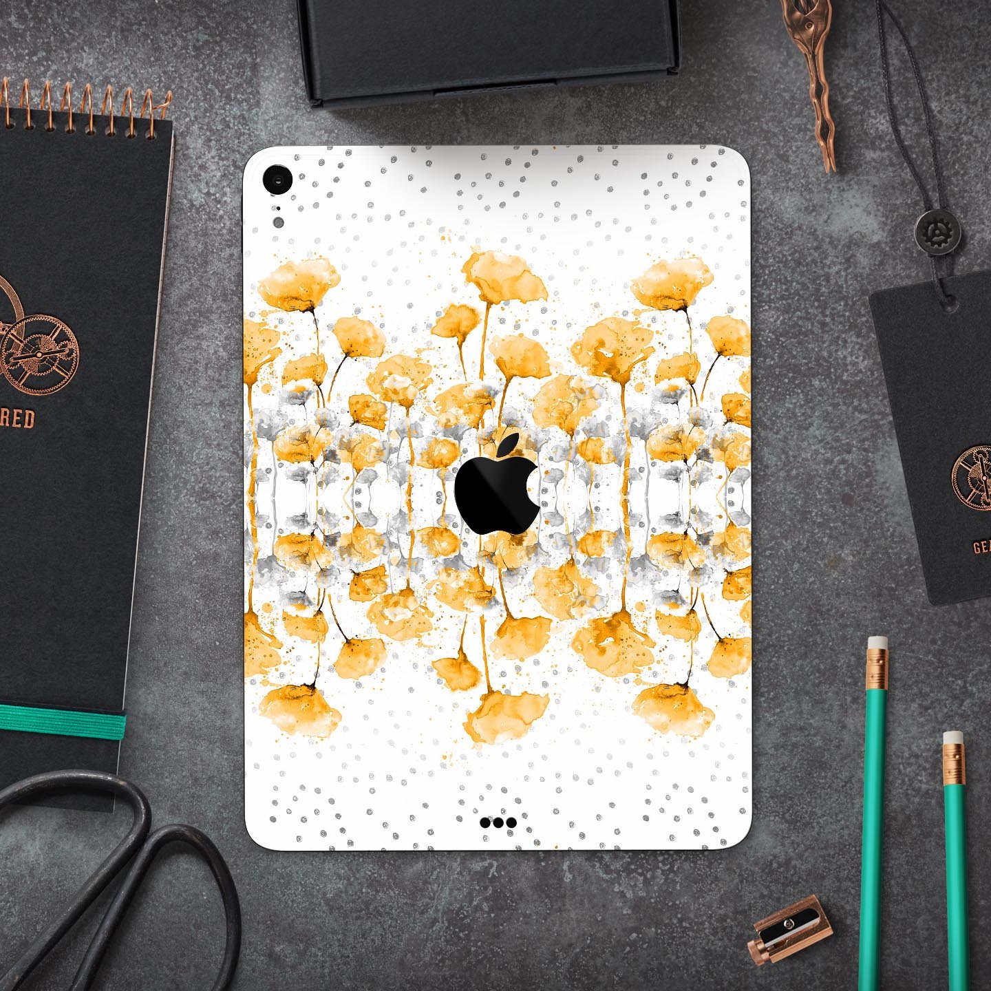 Karamfila Yellow & Gray Floral V2 skin decal for Apple devices, showcasing a vibrant floral design with premium 3M materials.