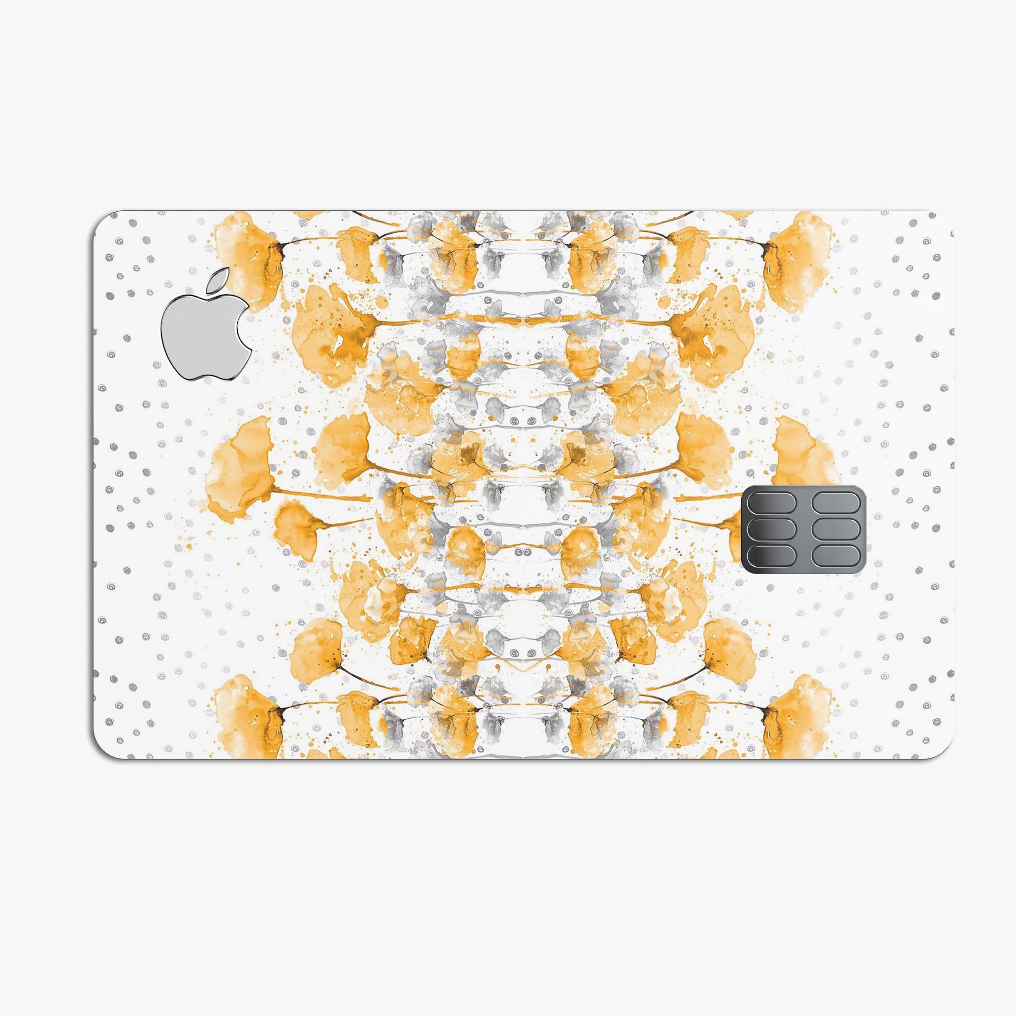 Karamfila Yellow & Gray Floral V2 decal skin applied on an Apple Card, showcasing vibrant floral design and premium finish.