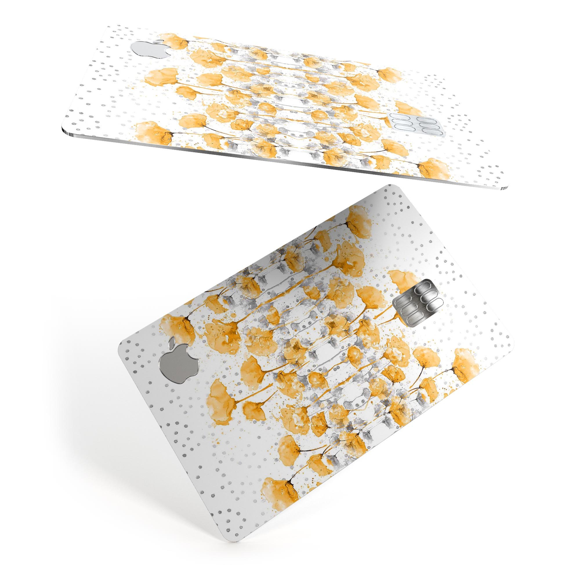 Karamfila Yellow & Gray Floral V2 decal skin applied on an Apple Card, showcasing vibrant floral design and premium finish.