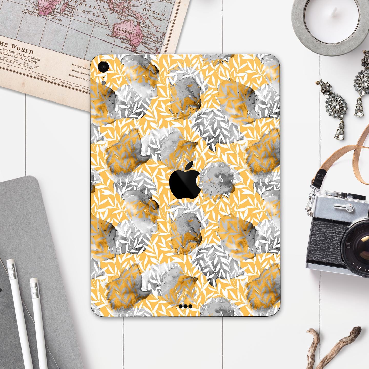 Karamfila Yellow & Gray Floral V6 Full Body Skin Decal for Apple devices, showcasing vibrant floral design and premium finish.