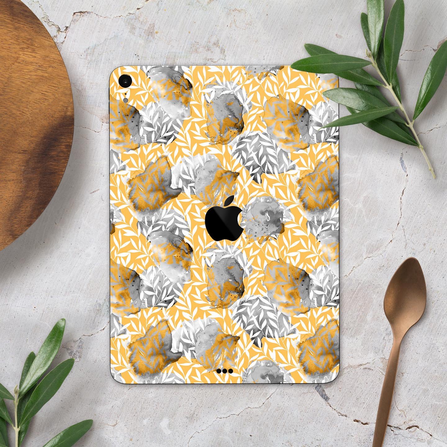 Karamfila Yellow & Gray Floral V6 Full Body Skin Decal for Apple devices, showcasing vibrant floral design and premium finish.