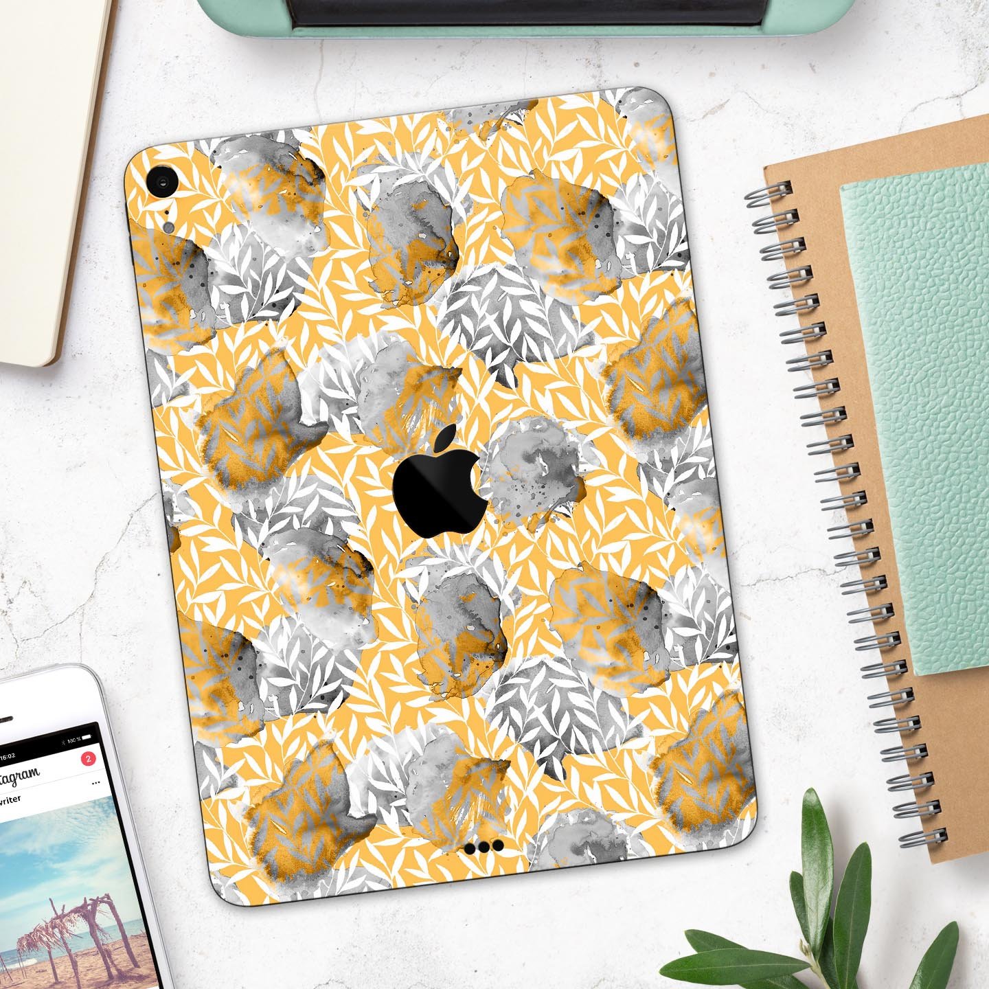 Karamfila Yellow & Gray Floral V6 Full Body Skin Decal for Apple devices, showcasing vibrant floral design and premium finish.