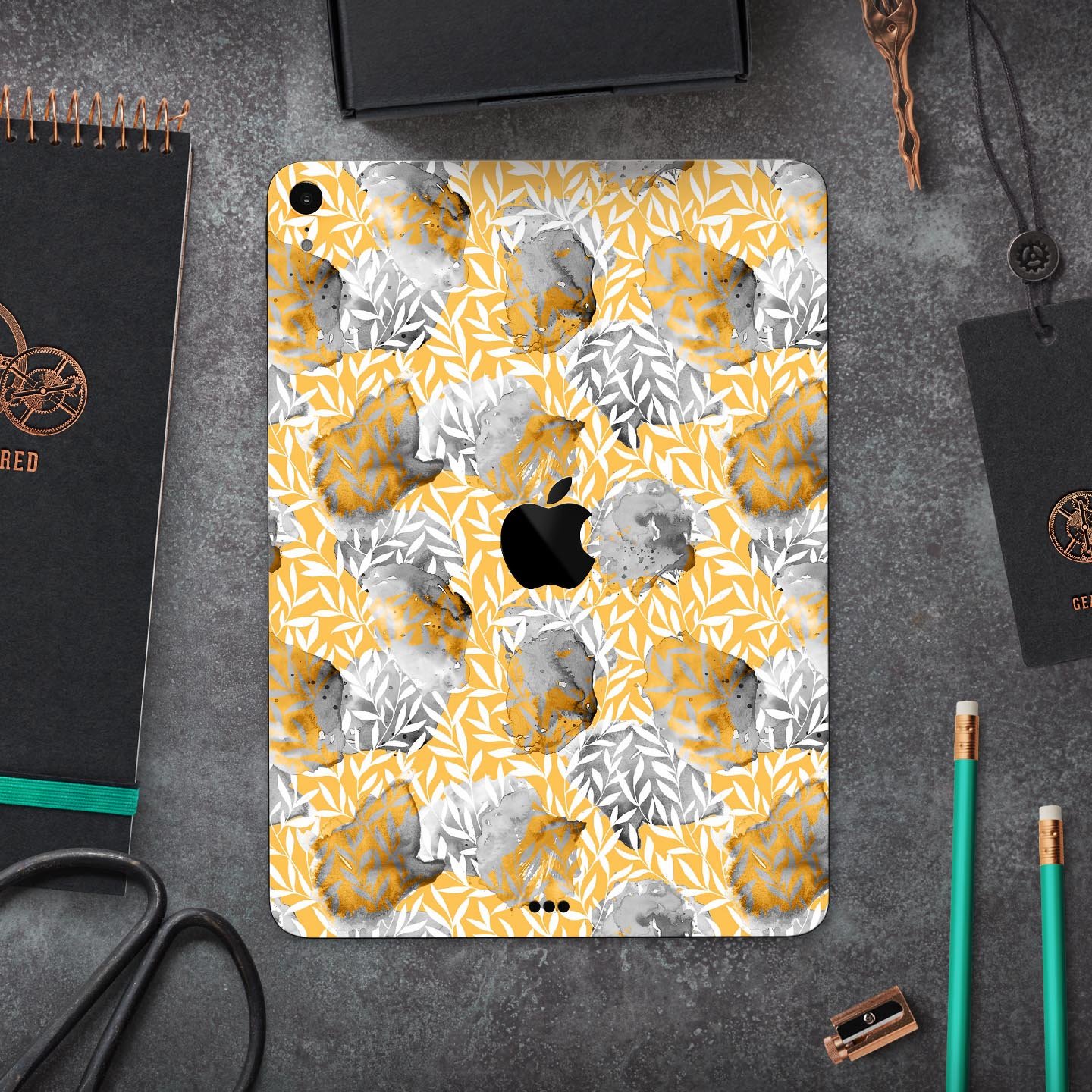 Karamfila Yellow & Gray Floral V6 Full Body Skin Decal for Apple devices, showcasing vibrant floral design and premium finish.