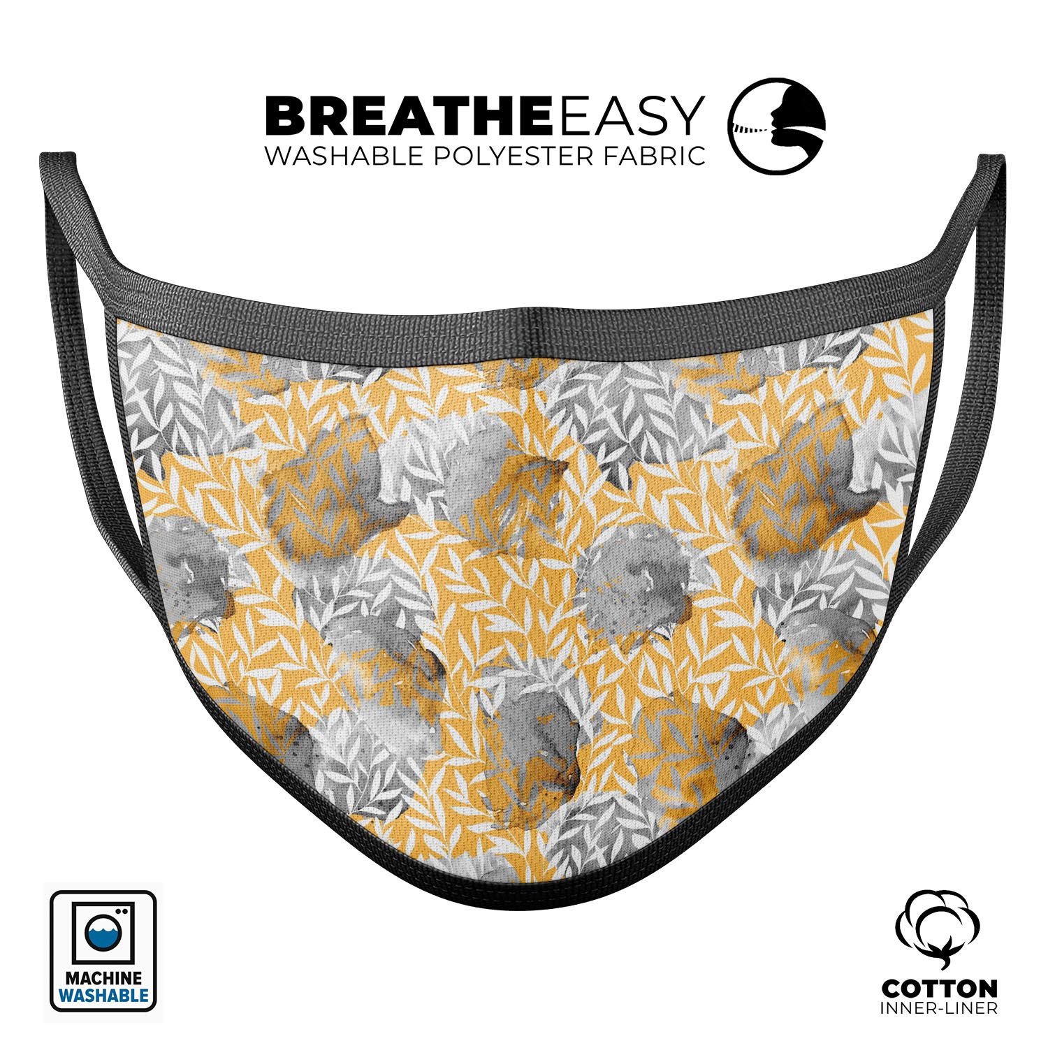 Karamfila Yellow & Gray Floral V6 mouth cover, featuring a vibrant floral design, adjustable ear loops, and made from soft cotton for comfort.