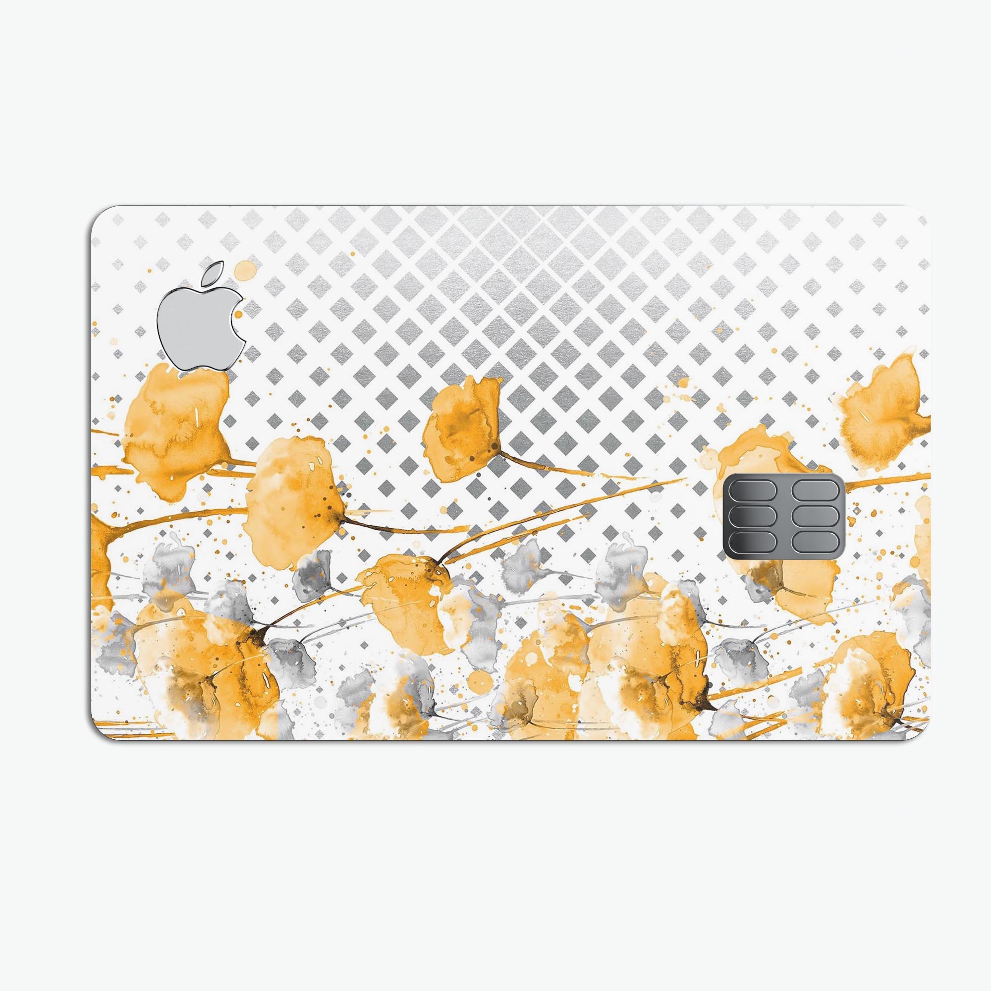 Karamfila Yellow & Gray Floral V8 decal skin for Apple Card, showcasing vibrant floral design and premium vinyl material.