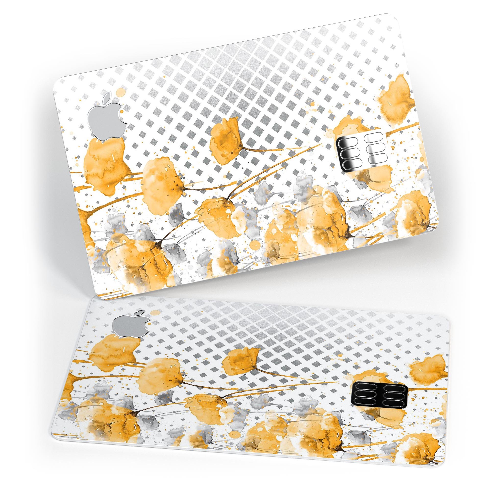 Karamfila Yellow & Gray Floral V8 decal skin for Apple Card, showcasing vibrant floral design and premium vinyl material.