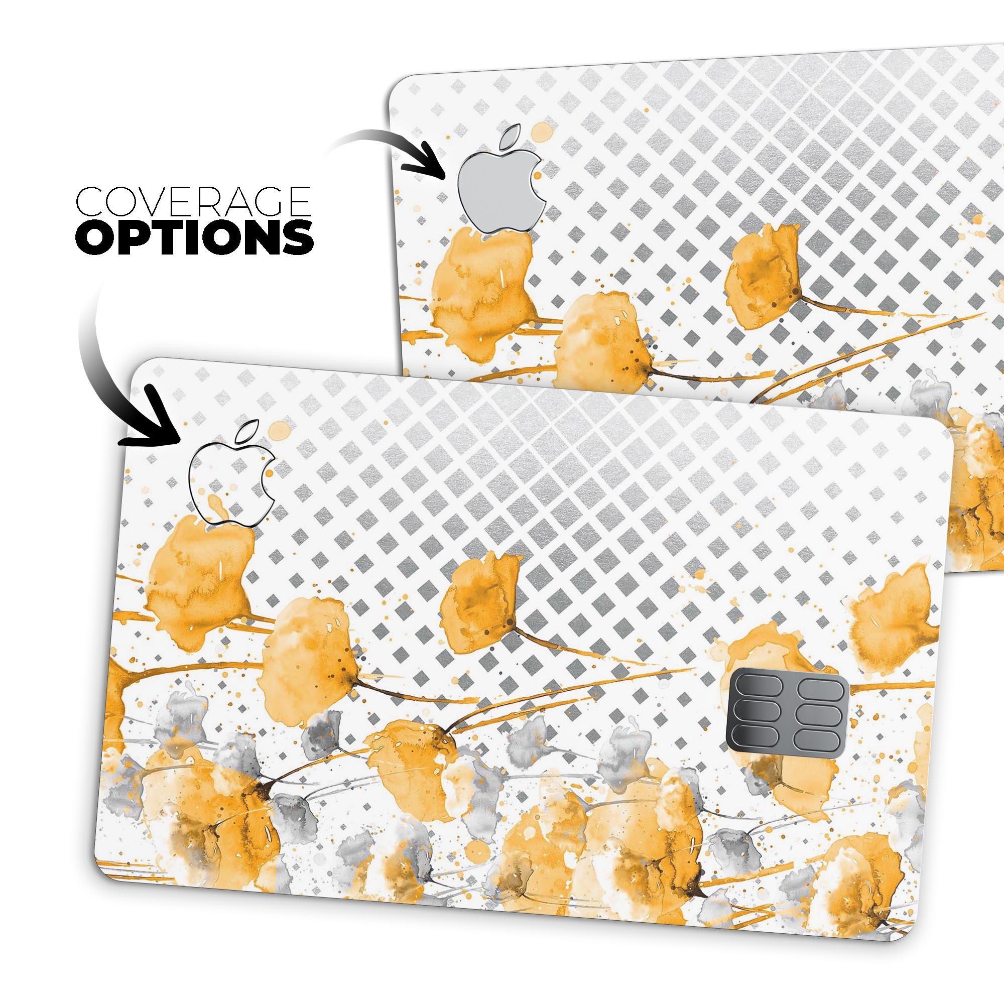 Karamfila Yellow & Gray Floral V8 decal skin for Apple Card, showcasing vibrant floral design and premium vinyl material.