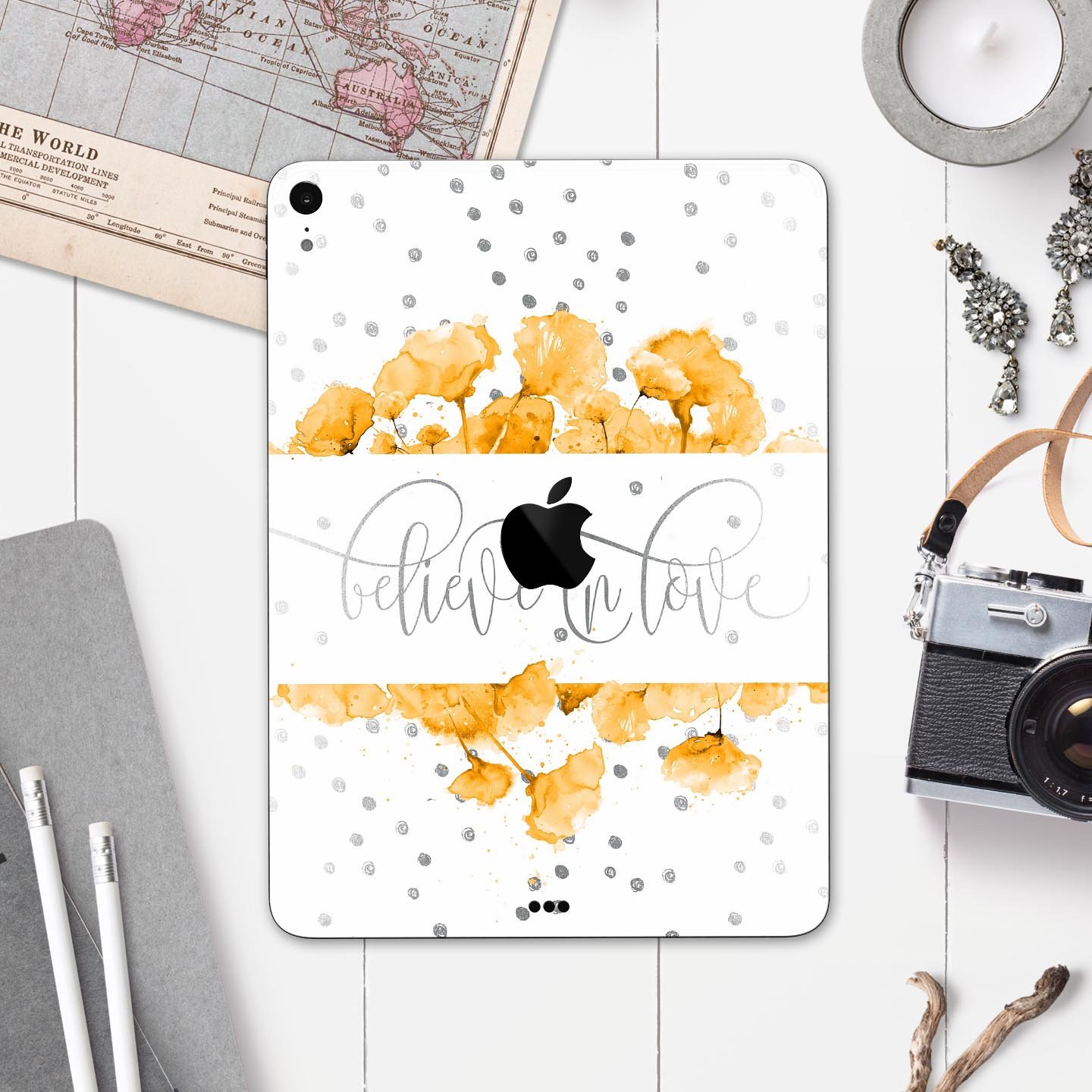 Karamfila Yellow & Gray Floral V9 skin decal for Apple devices, showcasing vibrant floral design and premium 3M material.