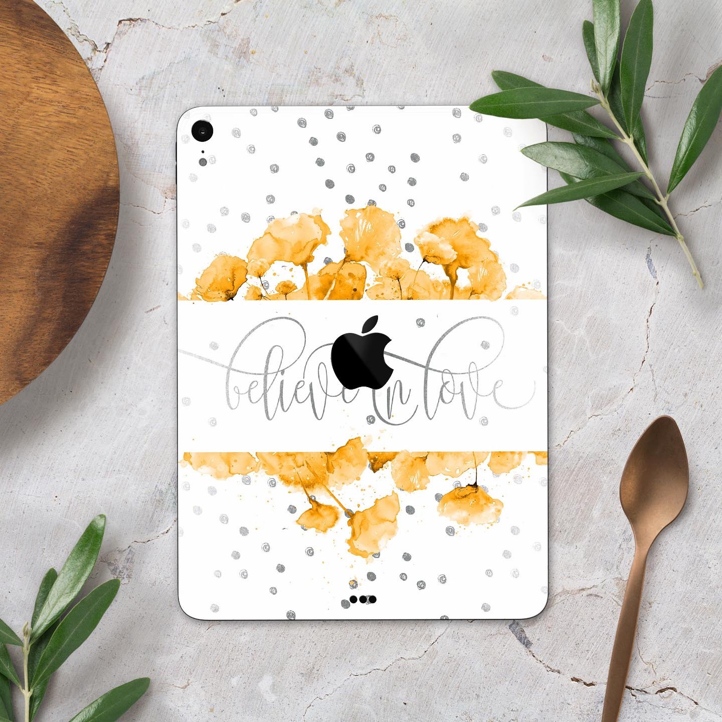 Karamfila Yellow & Gray Floral V9 skin decal for Apple devices, showcasing vibrant floral design and premium 3M material.