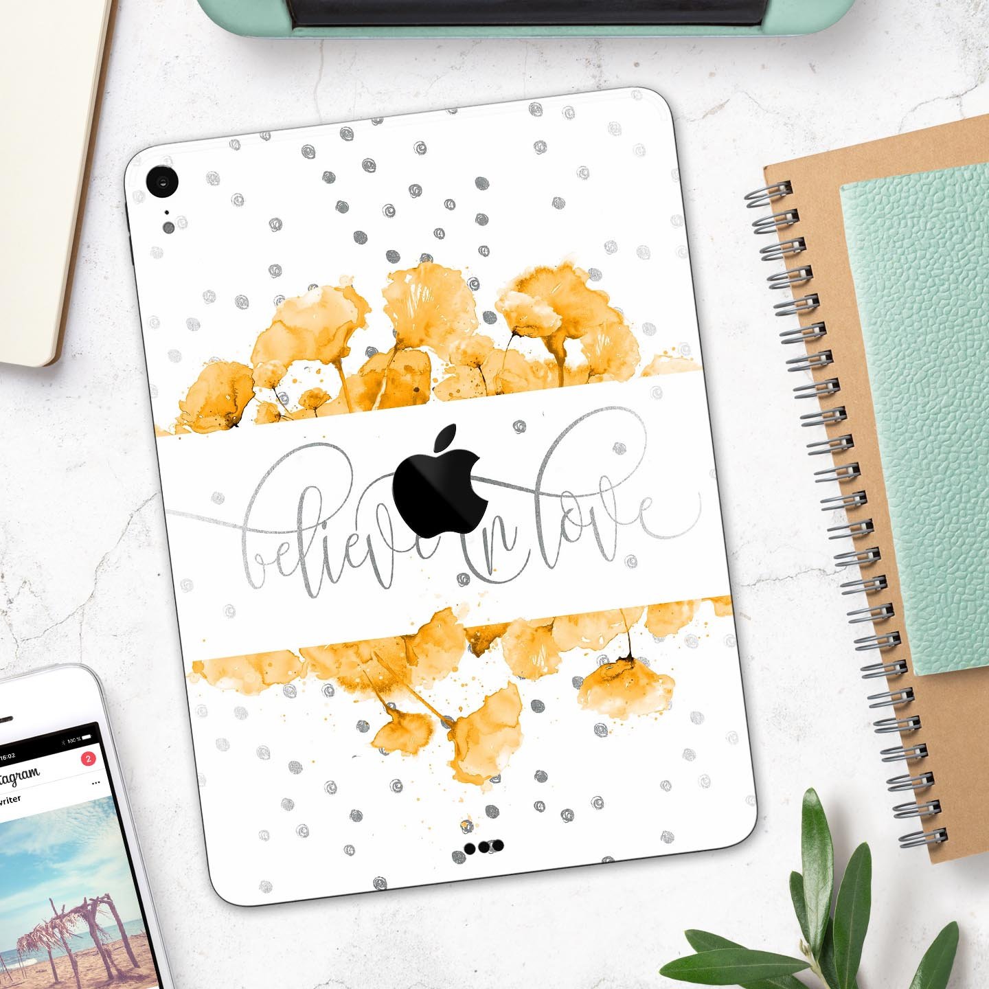 Karamfila Yellow & Gray Floral V9 skin decal for Apple devices, showcasing vibrant floral design and premium 3M material.