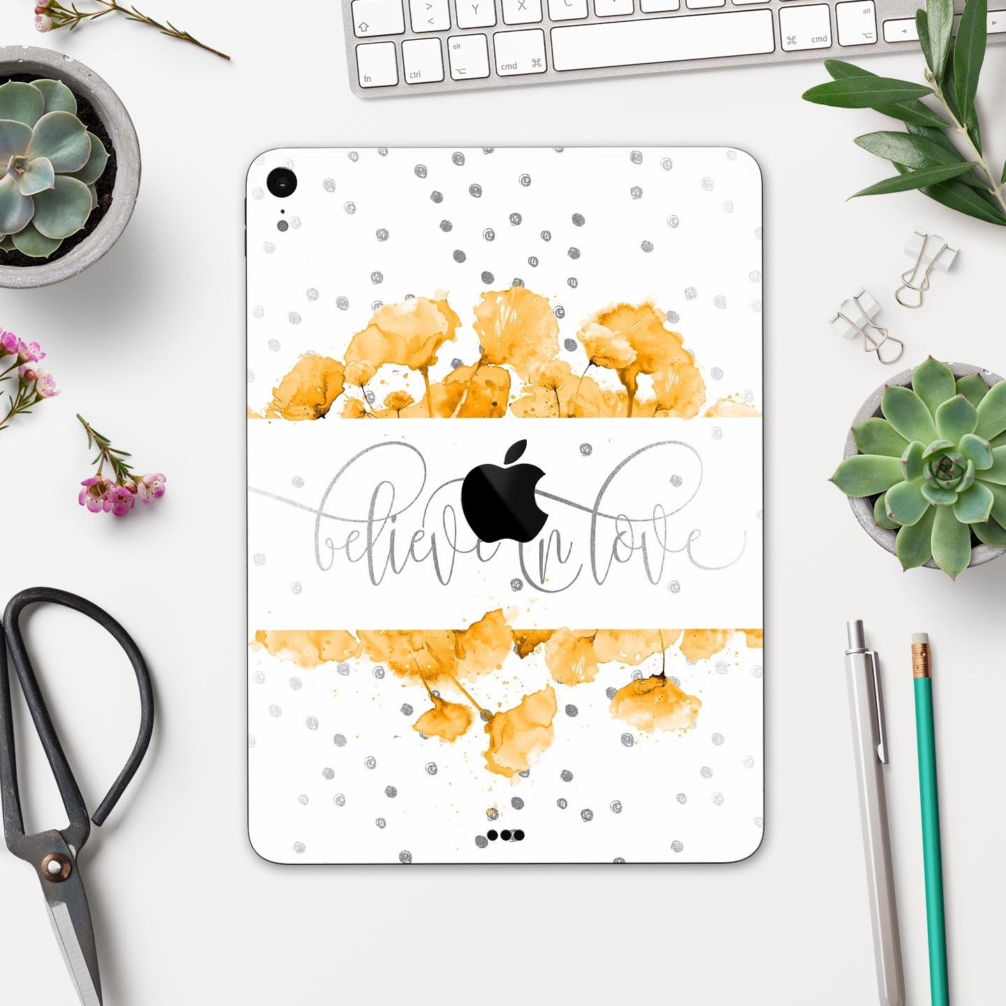 Karamfila Yellow & Gray Floral V9 skin decal for Apple devices, showcasing vibrant floral design and premium 3M material.