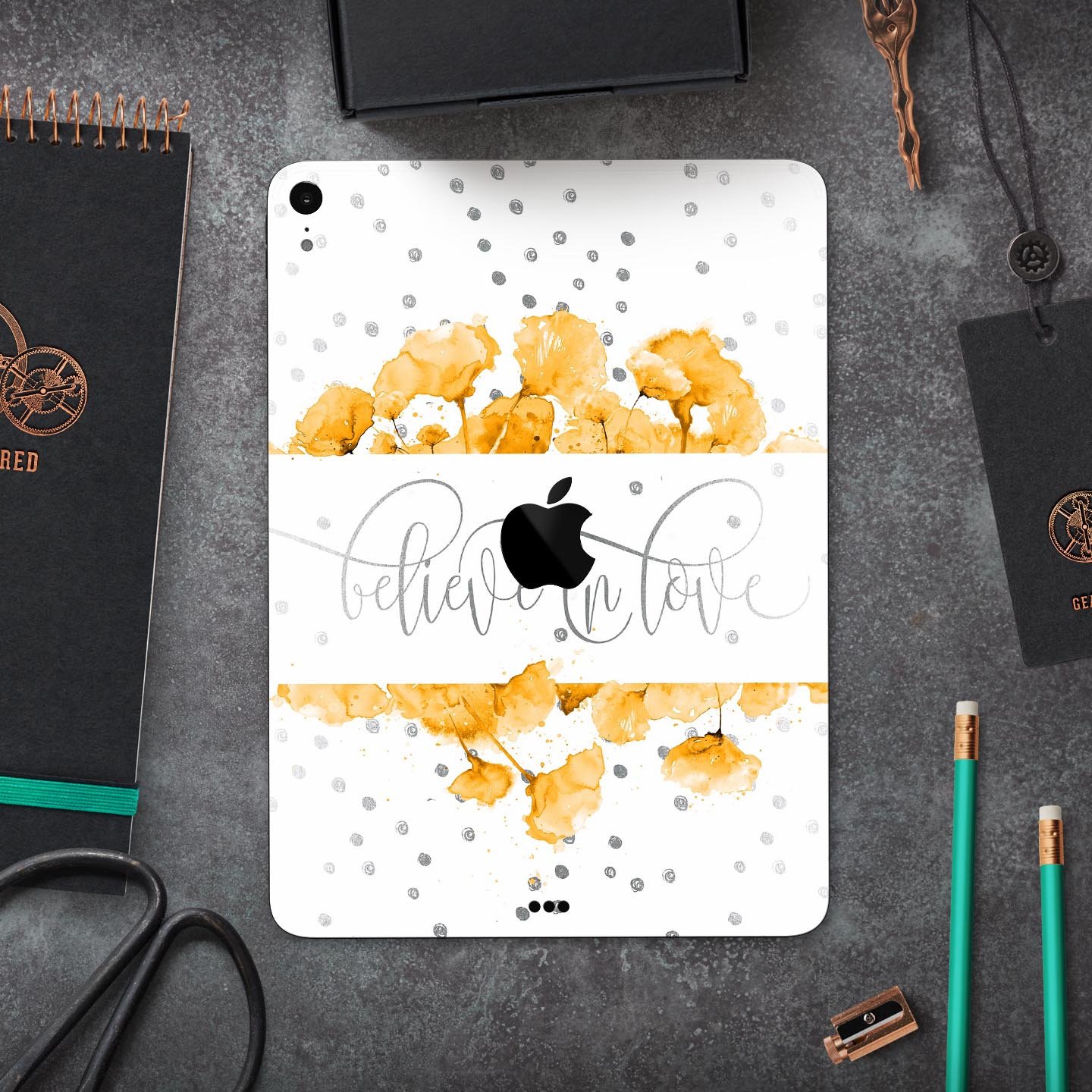 Karamfila Yellow & Gray Floral V9 skin decal for Apple devices, showcasing vibrant floral design and premium 3M material.