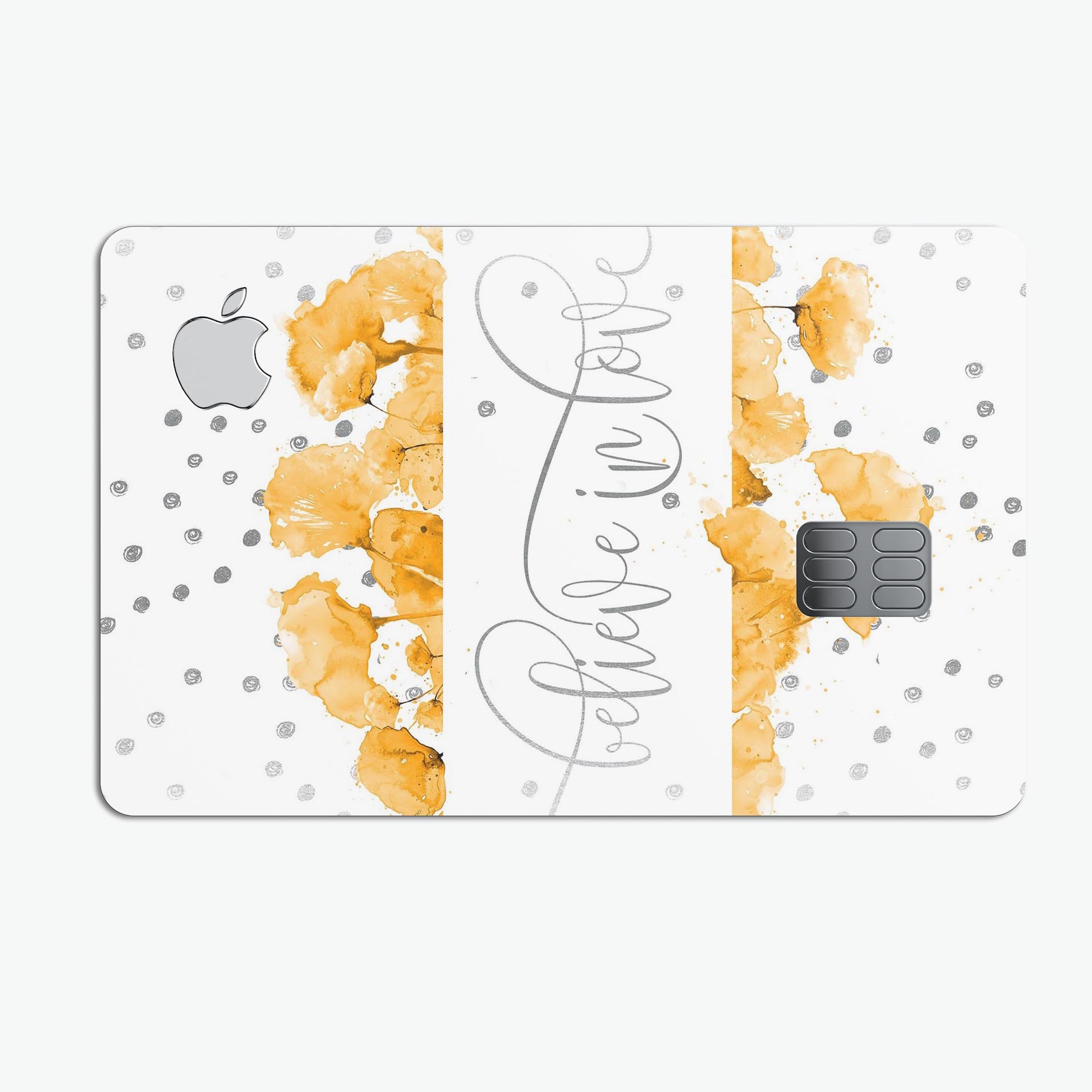 Karamfila Yellow & Gray Floral V9 decal skin for Apple Card, showcasing vibrant floral design and premium vinyl material.