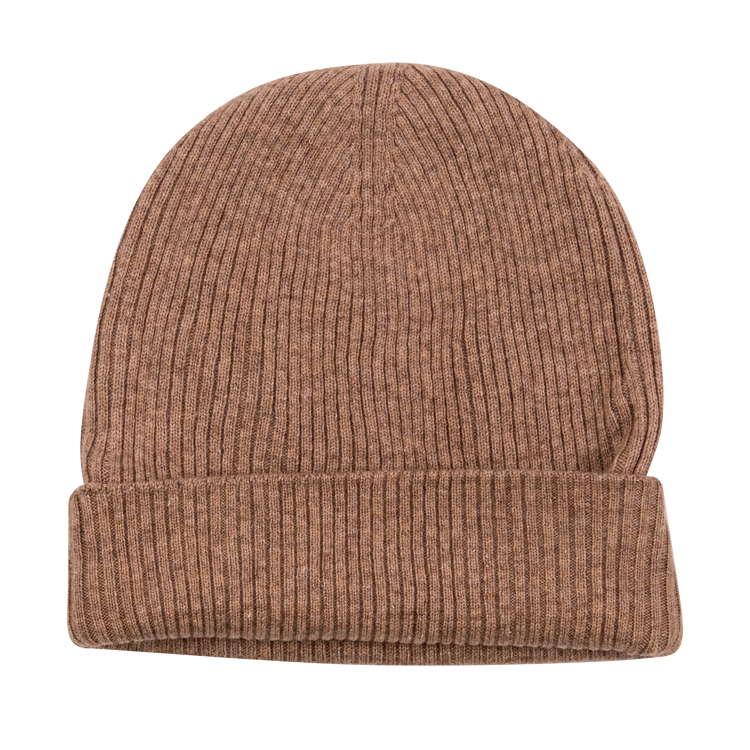 Braune Kaschmirmütze Beanie mit Umschlag, geripptes Design, handgewebt in Nepal, 100% Kaschmir.