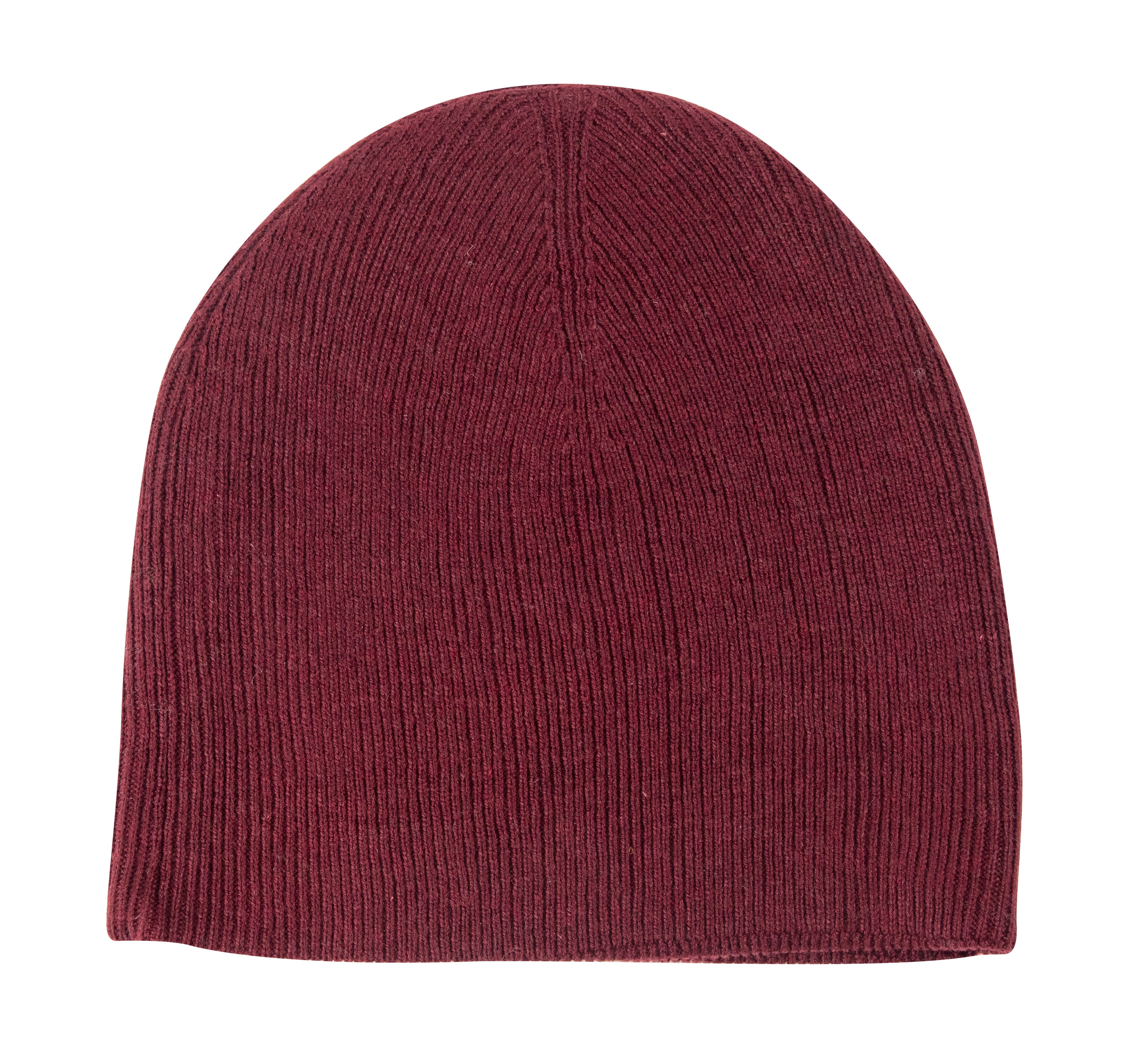 Dunkelrote Kaschmirmütze Beanie mit leicht geripptem Muster, handgewebt in Nepal, aus 100% Kaschmir, unisex und leicht.