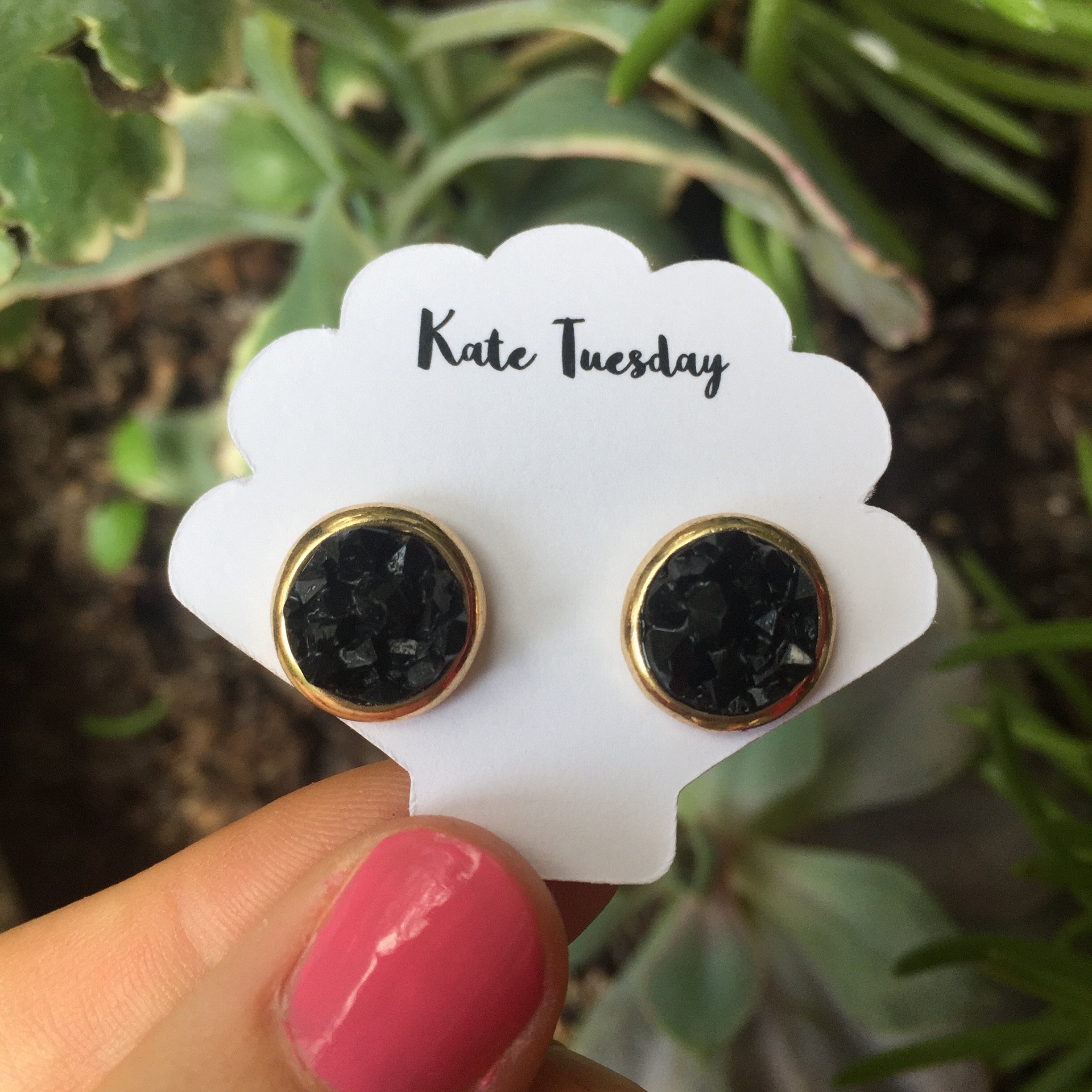 Kate Black + Gold Druzy Circular Earrings featuring 11 mm druzy stones in a circular design, hypo-allergenic for sensitive ears.