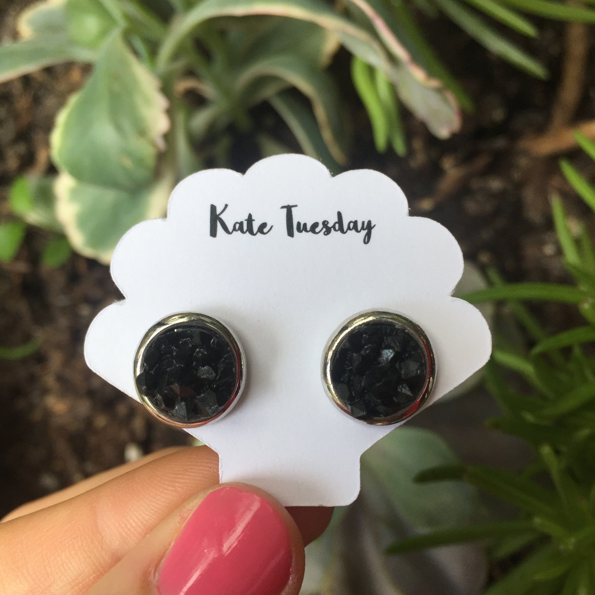 Kate Black + Silver Druzy Circular Earrings featuring 11 mm druzy stones in a stylish circular design, perfect for sensitive ears.