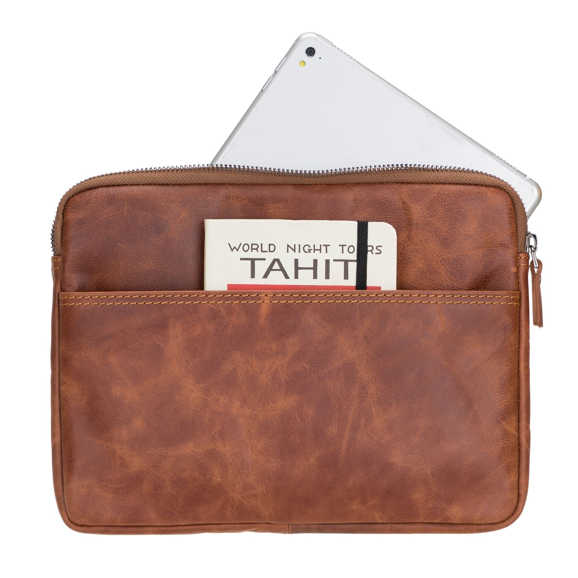 Kemmerer Leather Sleeve for iPad and MacBook, showcasing its genuine leather exterior and suede lining.