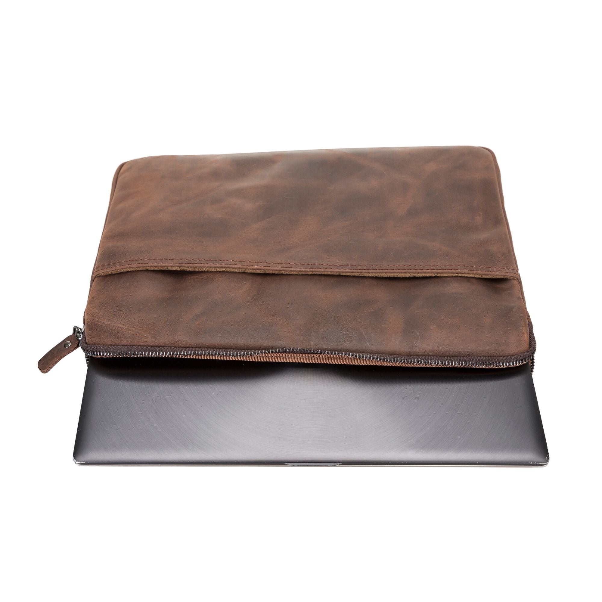 Kemmerer Leather Sleeve for iPad and MacBook, showcasing its genuine leather exterior and suede lining.