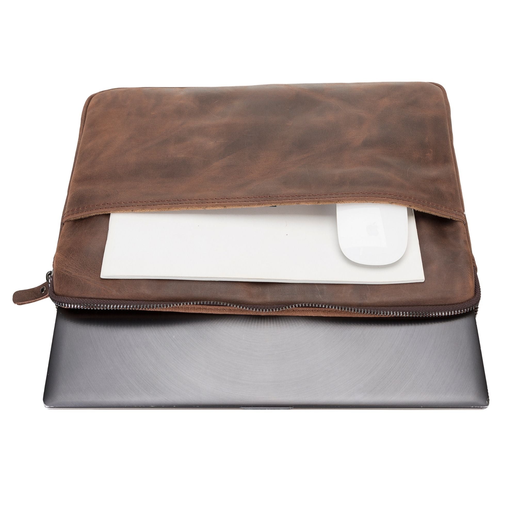 Kemmerer Leather Sleeve for iPad and MacBook, showcasing its genuine leather exterior and suede lining.