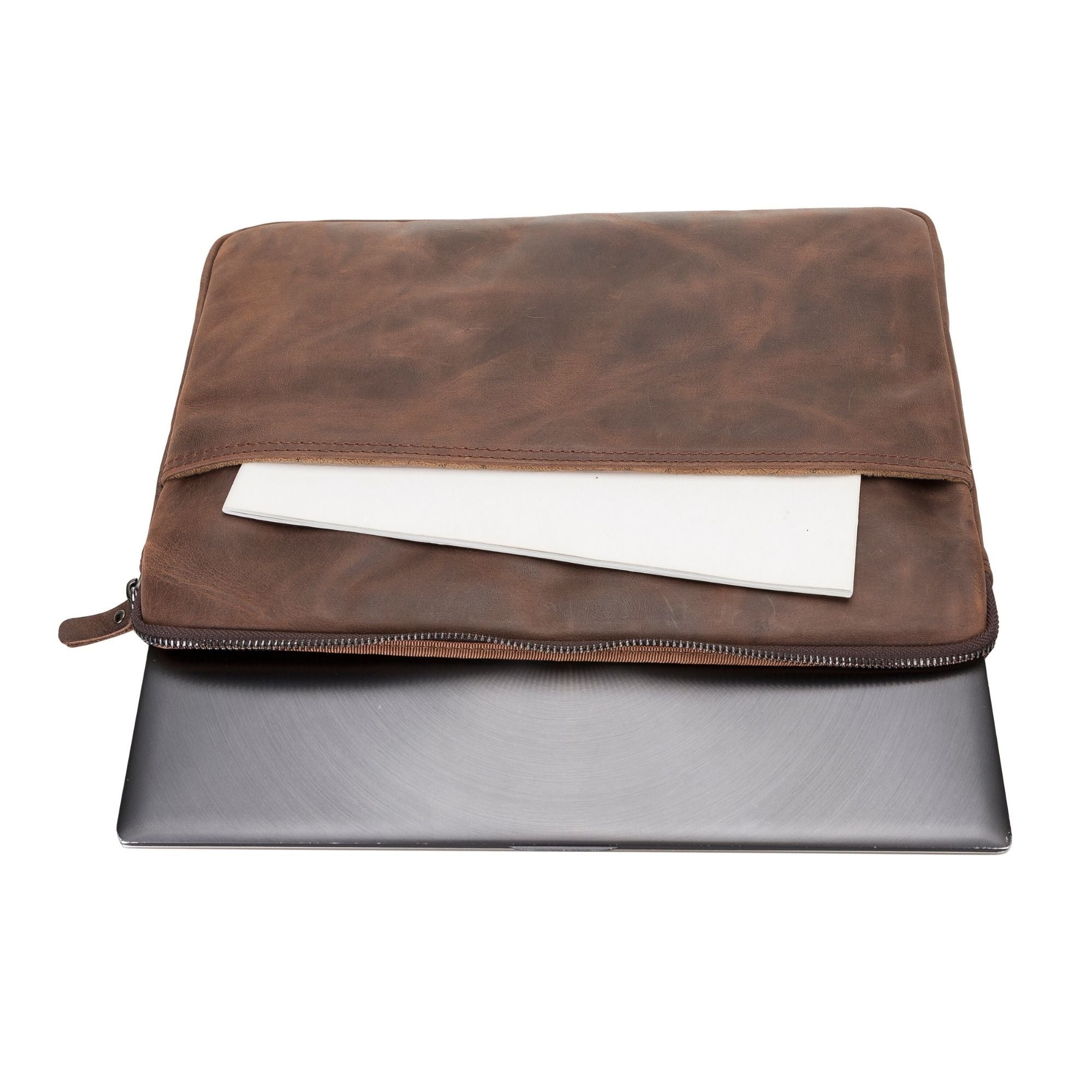 Kemmerer Leather Sleeve for iPad and MacBook, showcasing its genuine leather exterior and suede lining.