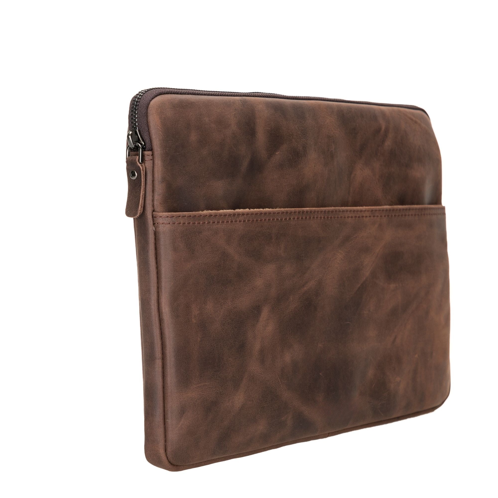 Kemmerer Leather Sleeve for iPad and MacBook, showcasing its genuine leather exterior and suede lining.