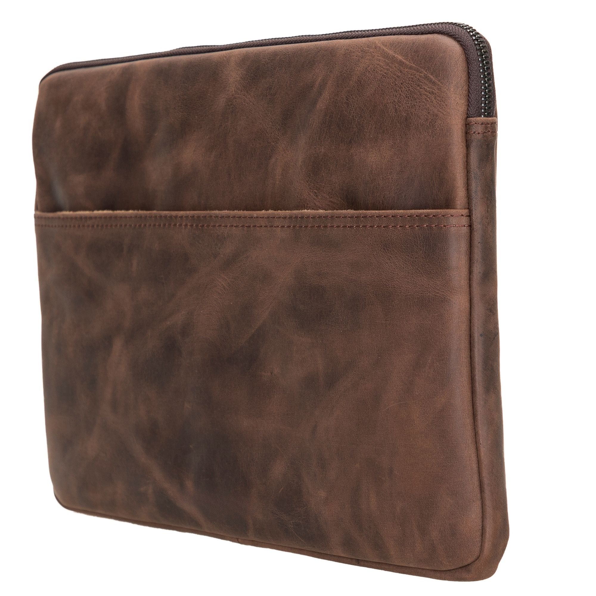 Kemmerer Leather Sleeve for iPad and MacBook, showcasing its genuine leather exterior and suede lining.