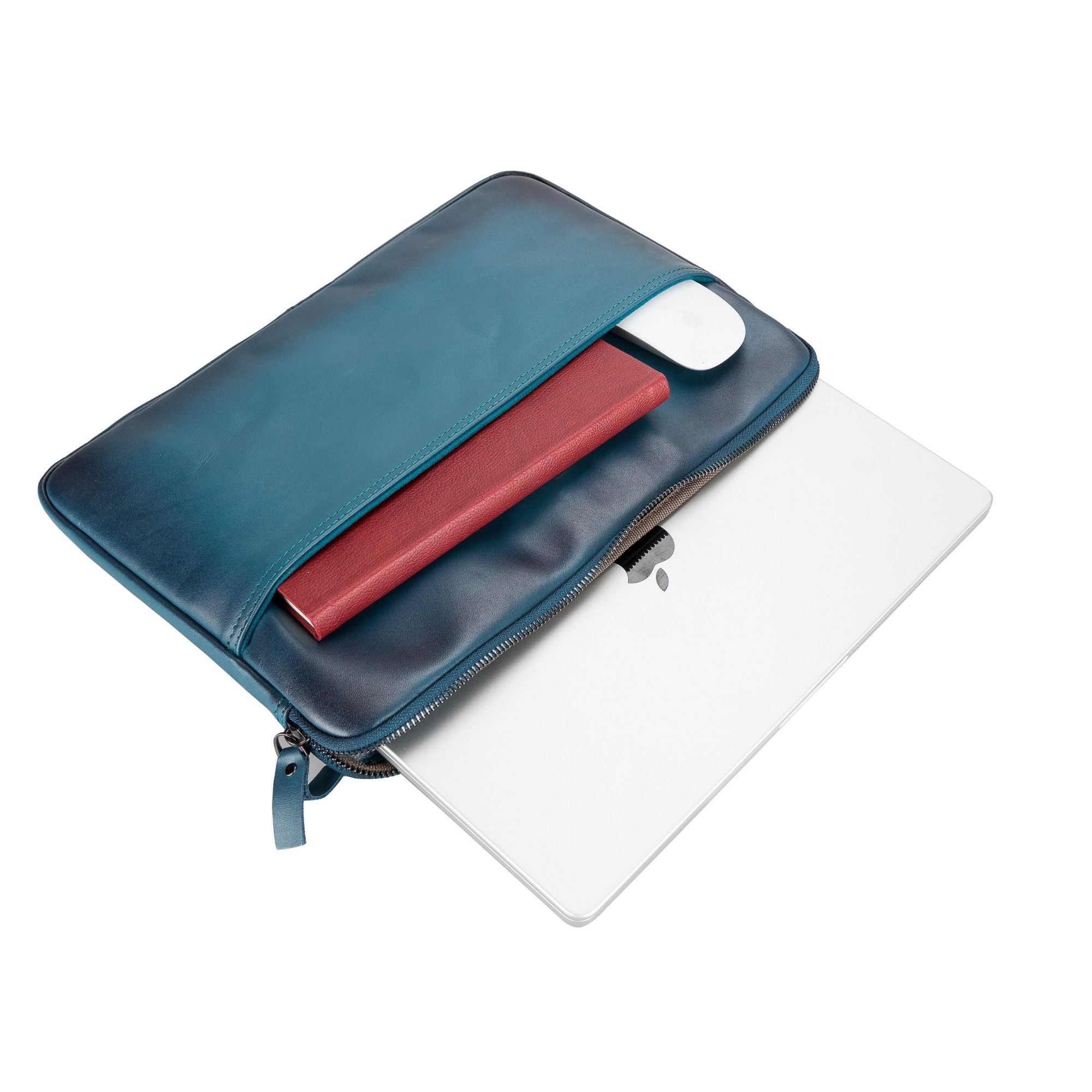 Kemmerer Leather Sleeve for iPad and MacBook, showcasing its genuine leather exterior and suede lining.