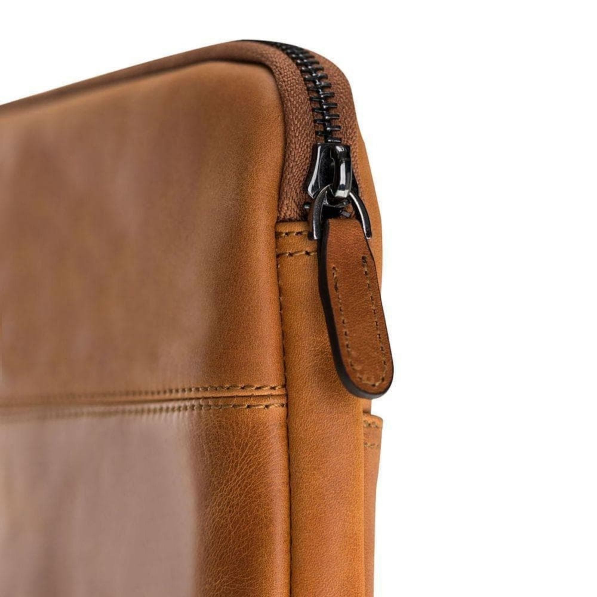 Kemmerer Leather Sleeve for iPad and MacBook, showcasing its genuine leather exterior and suede lining.