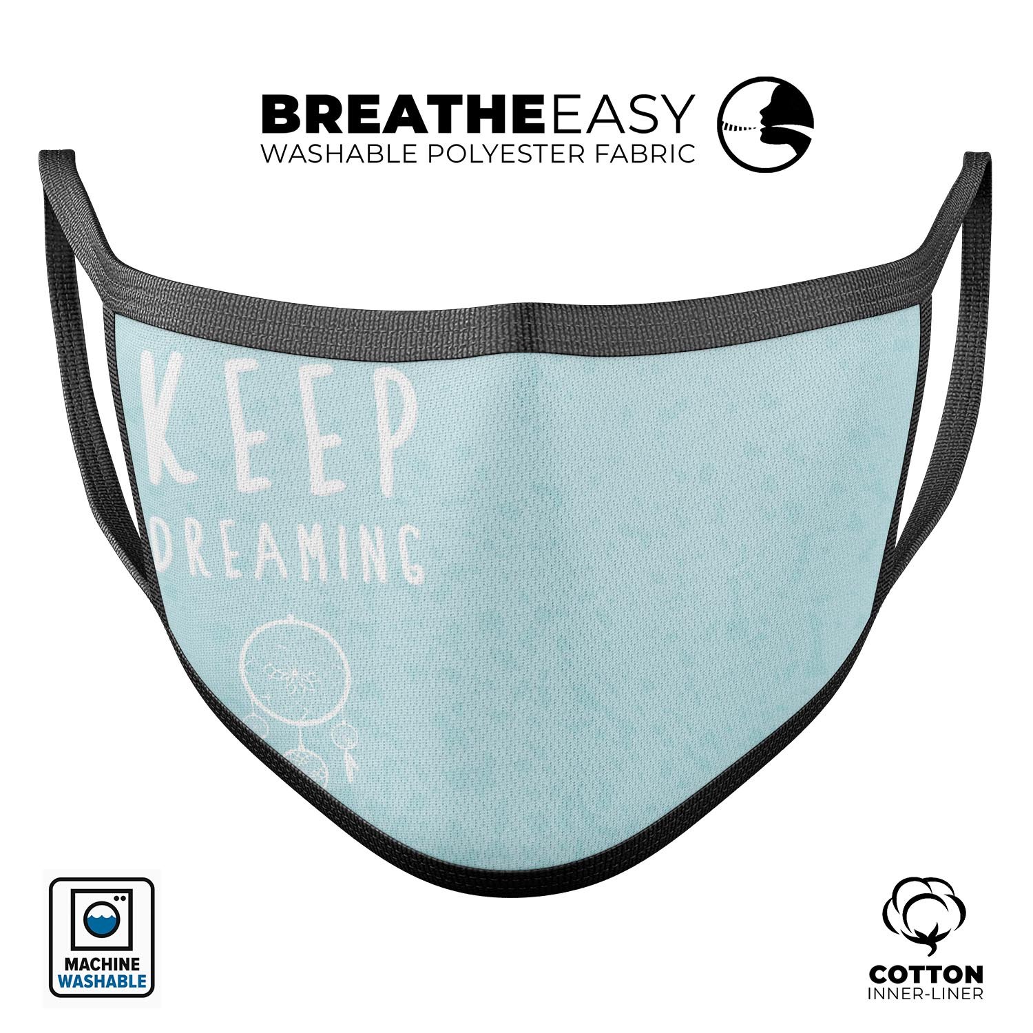 Keep Dreaming Dreamcatcher mouth cover, featuring a colorful dreamcatcher design, made in the USA with adjustable ear loops.