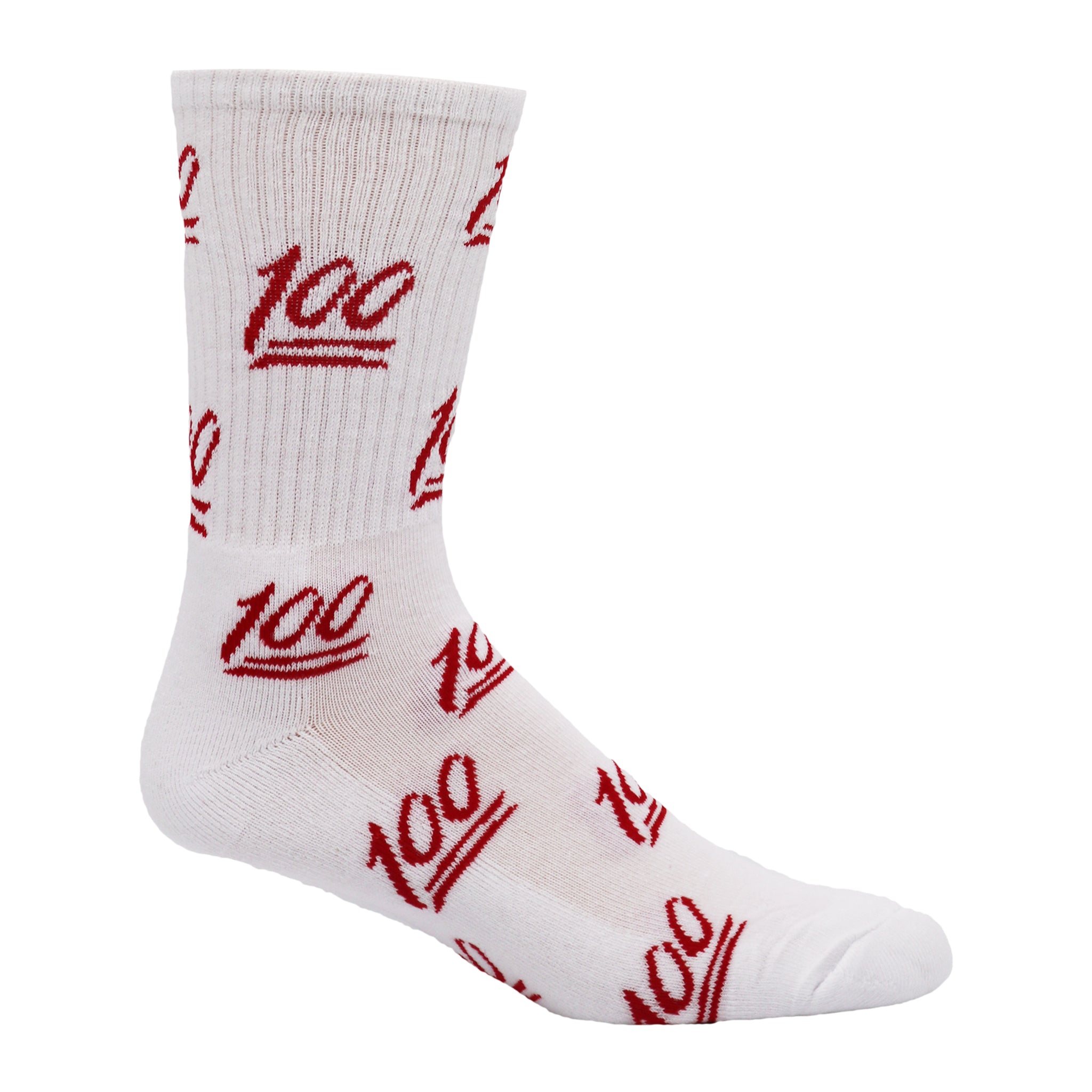 Keep it 100! Crew Socks in white and red with emoji designs, showcasing a stylish and comfortable fit.