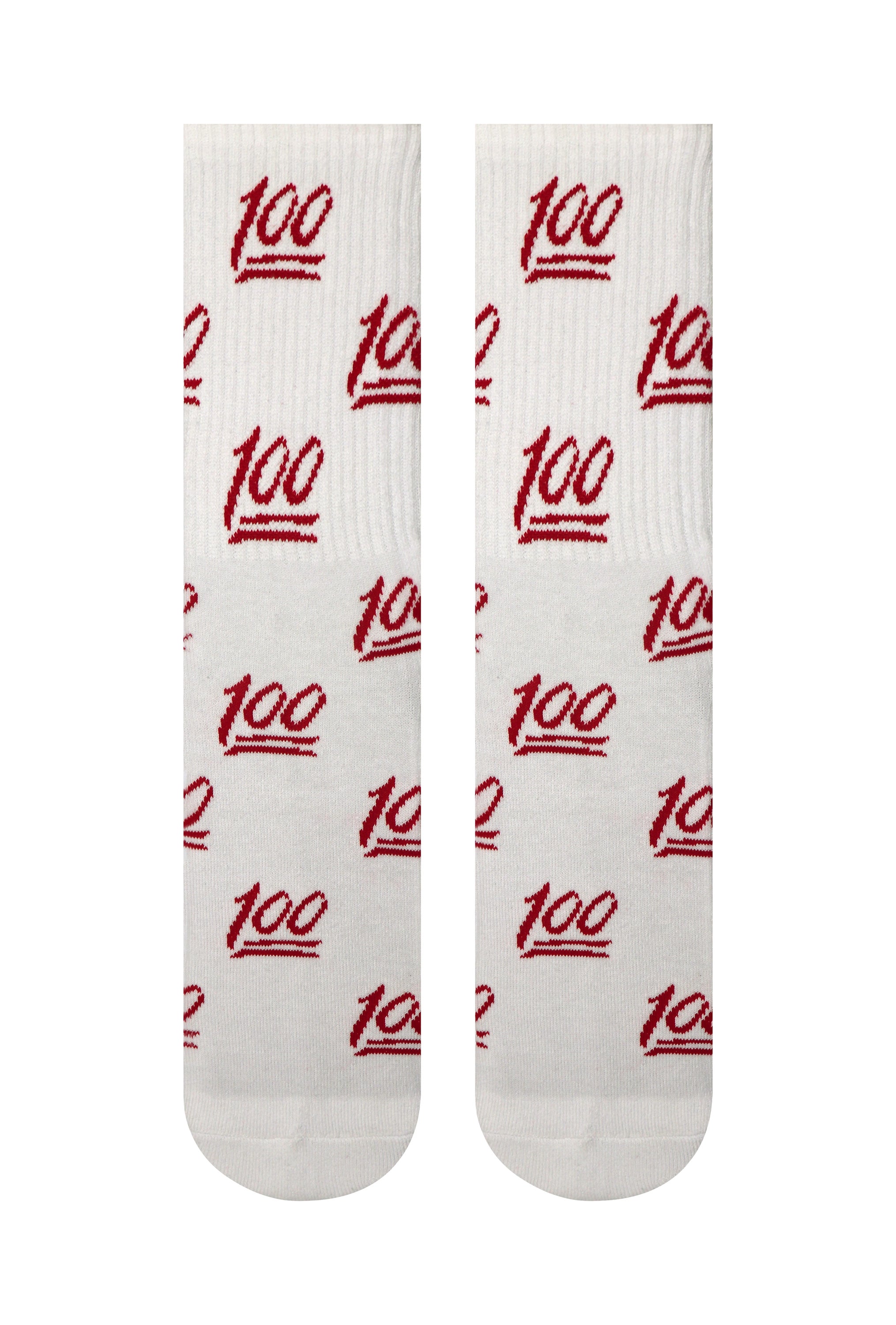 Keep it 100! Crew Socks in white and red with emoji designs, showcasing a stylish and comfortable fit.