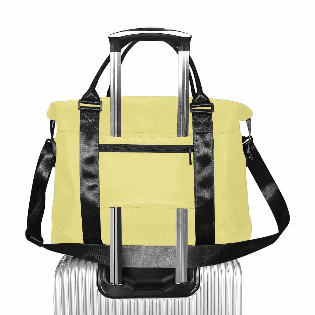 Khaki yellow duffel bag with durable oxford fabric, featuring handles and an adjustable strap.