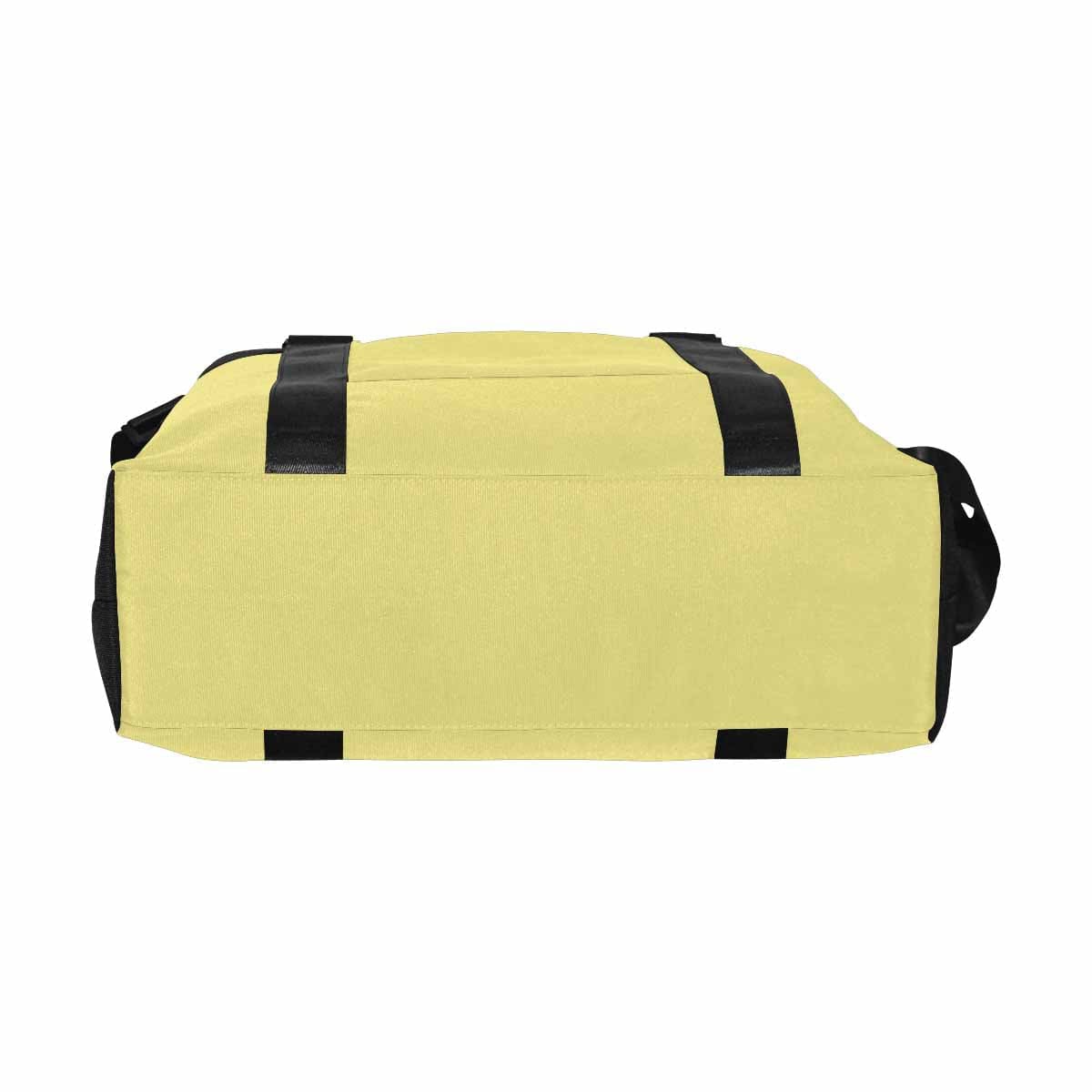 Khaki yellow duffel bag with durable oxford fabric, featuring handles and an adjustable strap.