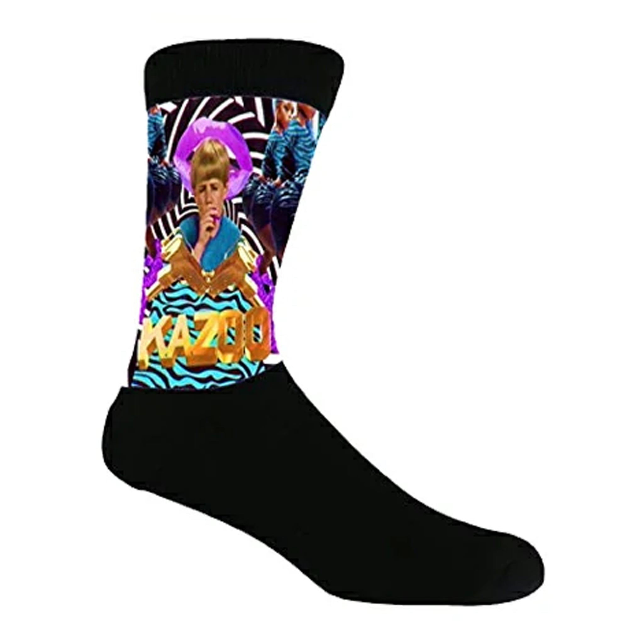 Black crew socks featuring a vibrant sublimated design of the Kazoo Kid from the 90s, perfect for meme lovers.