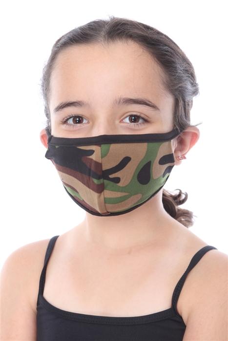 Kids fashion mask in army print, double-layered, made in USA, packaged in zip lock bags.