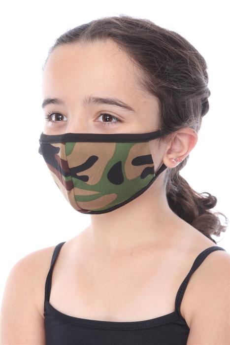 Kids fashion mask in army print, double-layered, made in USA, packaged in zip lock bags.